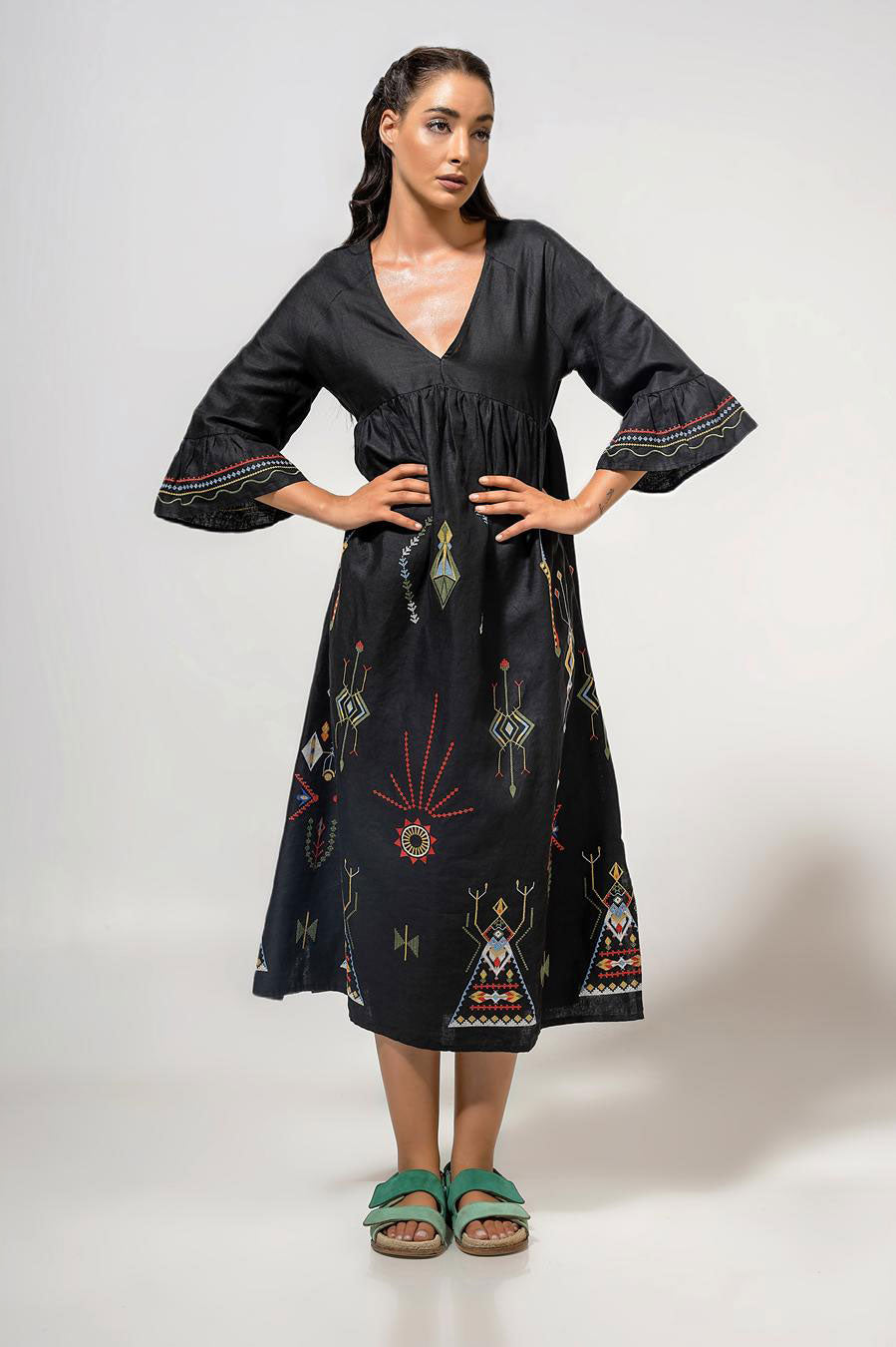 Aether Concept Midi Embroidered Dress - Black