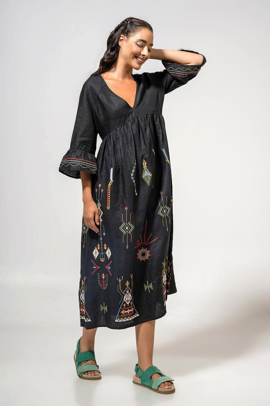 Aether Concept Midi Embroidered Dress - Black