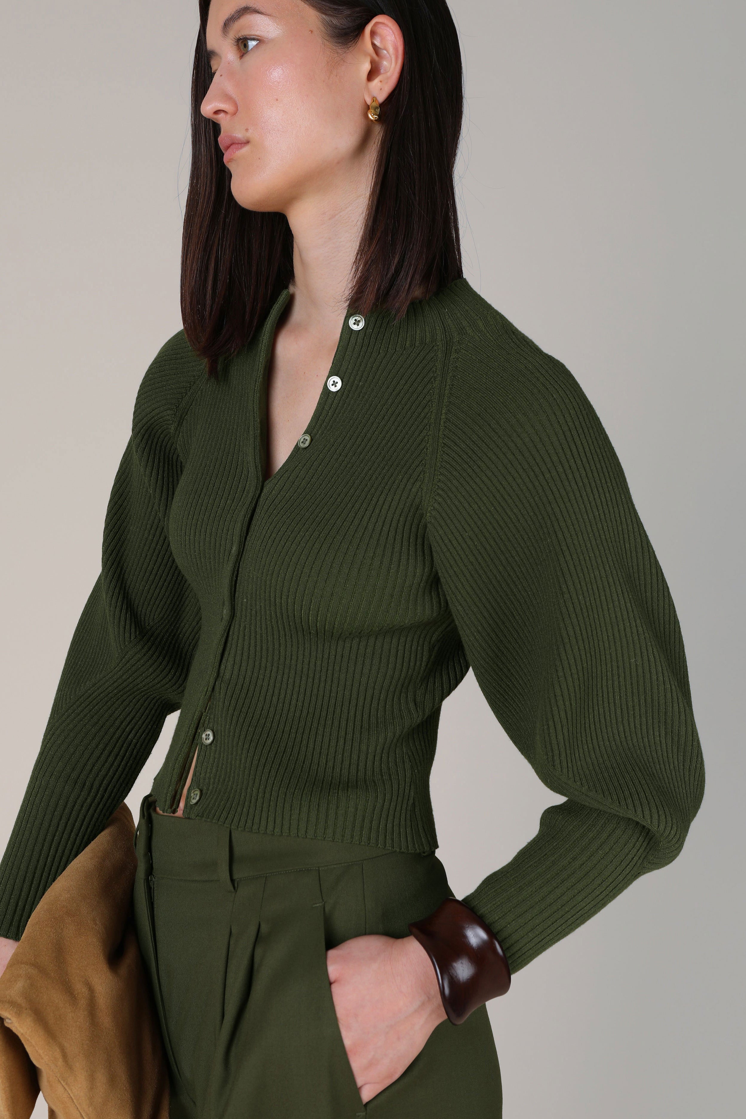 VI.VE.RE Maya Sculptured Sleeve Cardigan - Olive Green