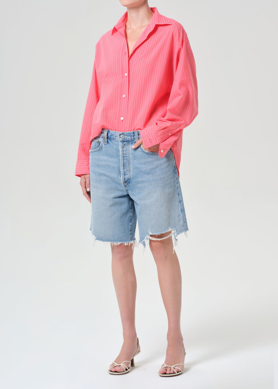 Agolde Three-quarter view, candy red Fontana stripe shirt