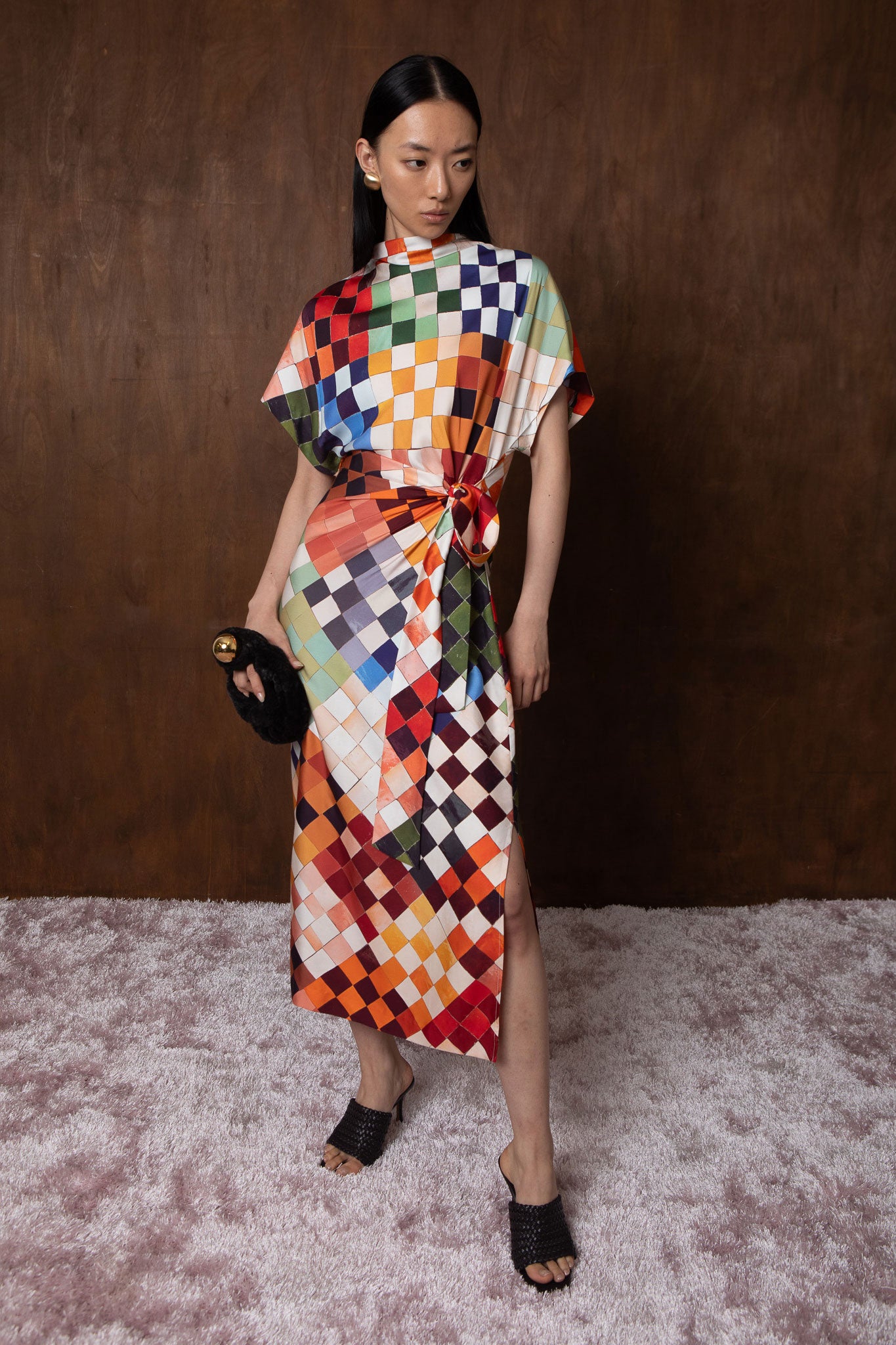 VI.VE.RE Rabia Mosaic Print Silk Tie Dress