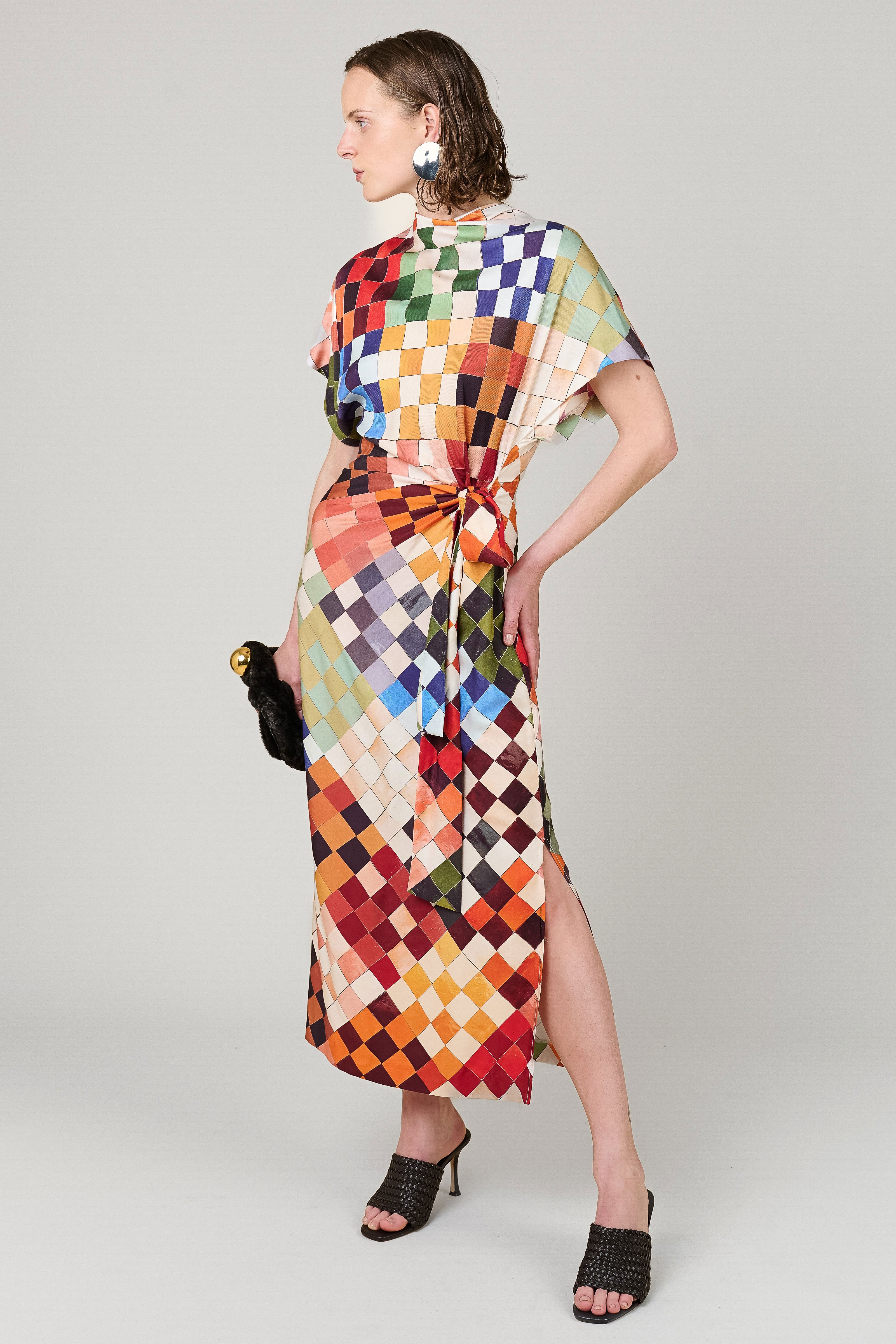 VI.VE.RE Rabia Mosaic Print Silk Tie Dress