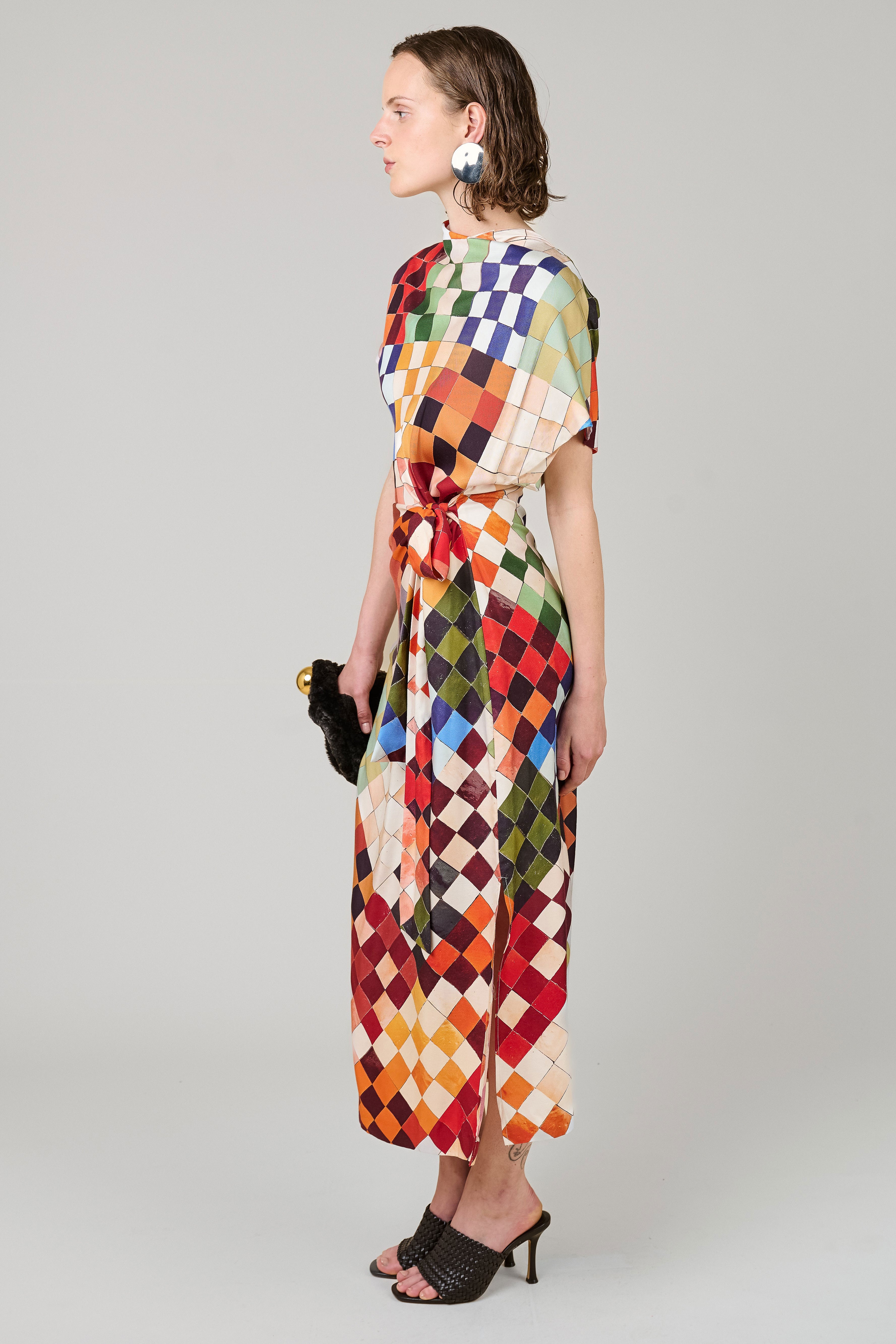 VI.VE.RE Rabia Mosaic Print Silk Tie Dress