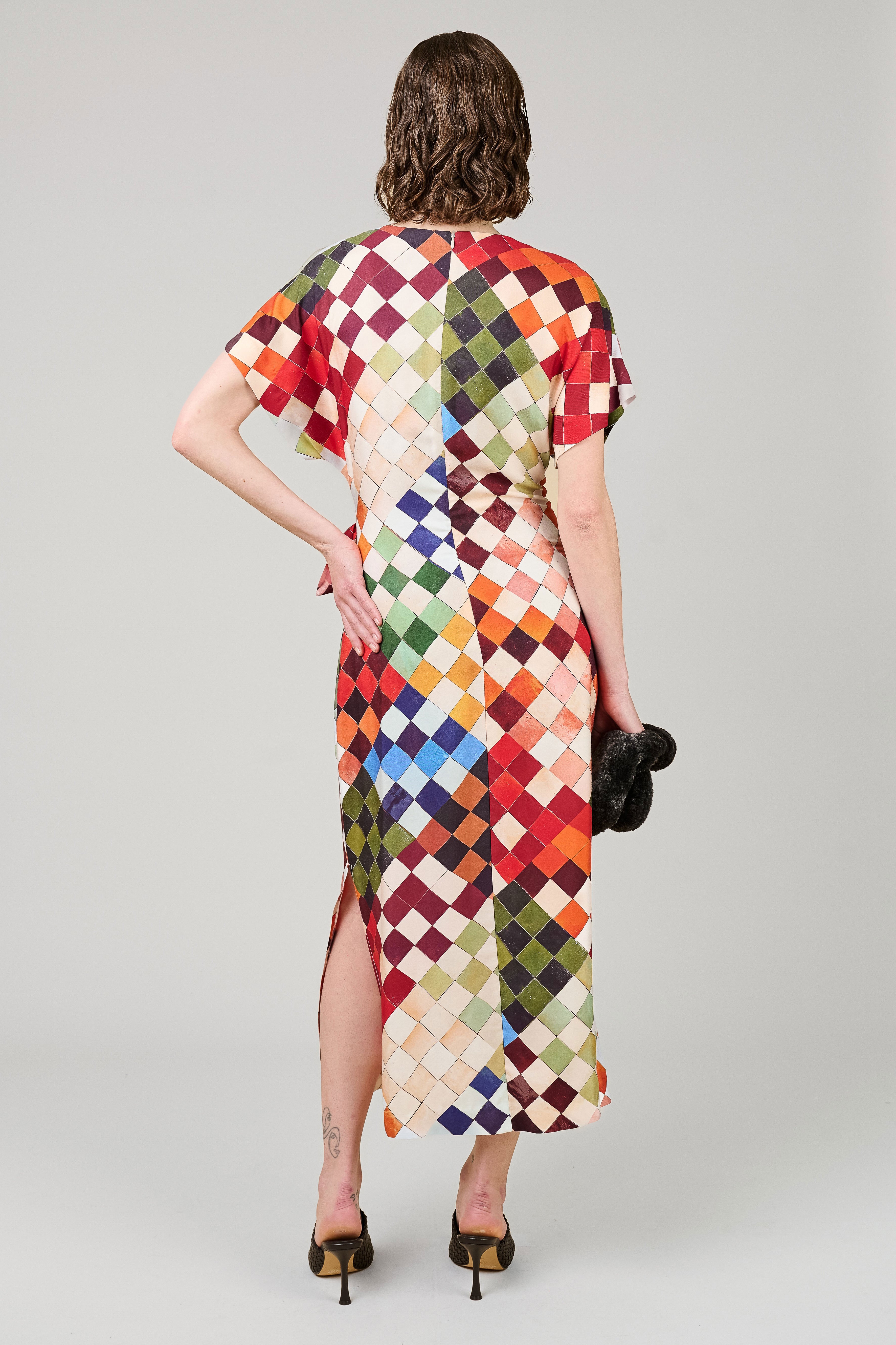 VI.VE.RE Rabia Mosaic Print Silk Tie Dress