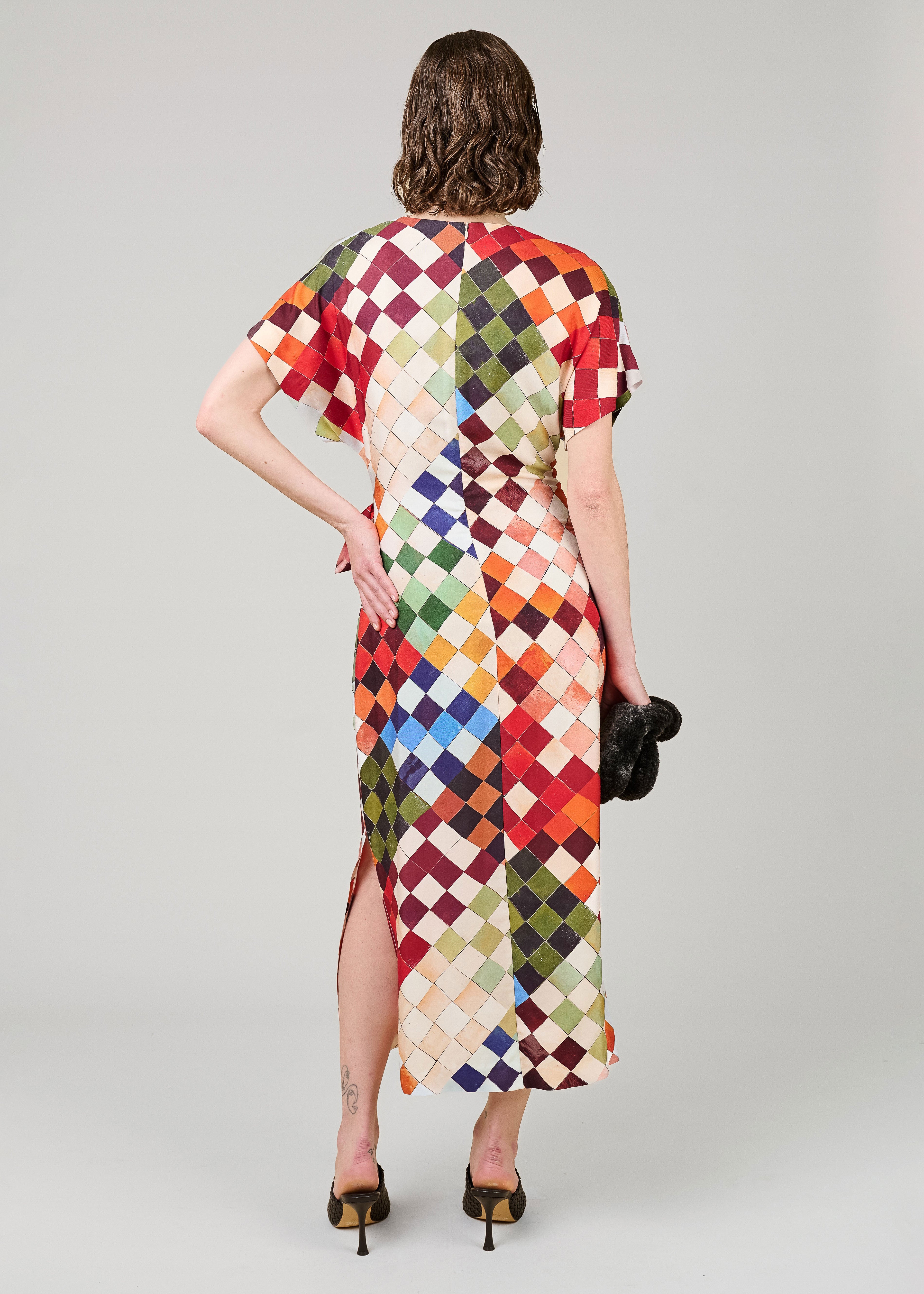VI.VE.RE Rabia Mosaic Print Silk Tie Dress