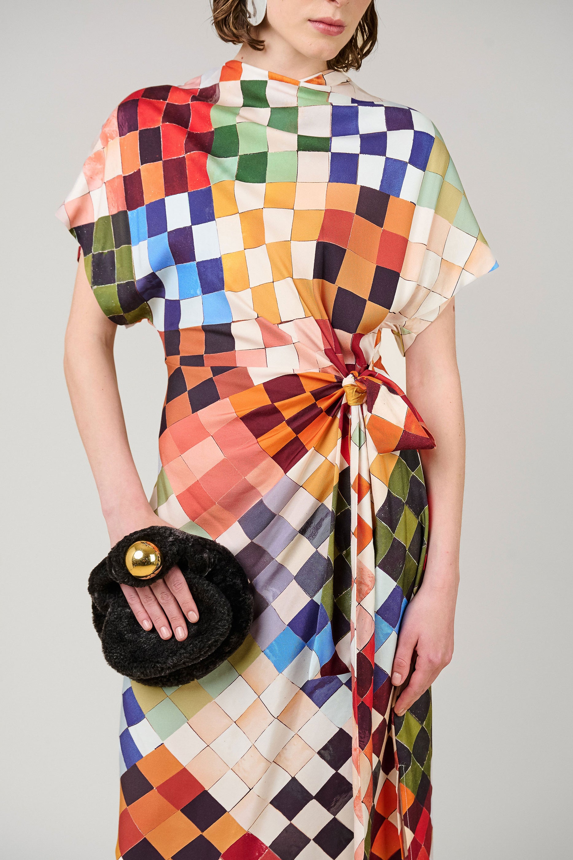 VI.VE.RE Rabia Mosaic Print Silk Tie Dress
