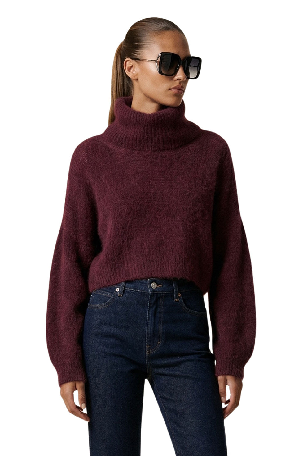 American Dreams Andrea Rollneck Cropped Alpaca Pullover - Bordeaux