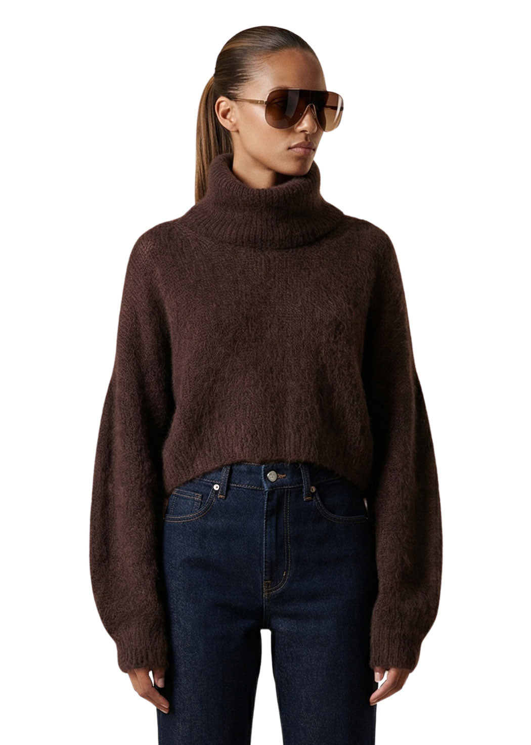 American Dreams Andrea Rollneck Cropped Alpaca Pullover - Cocoa
