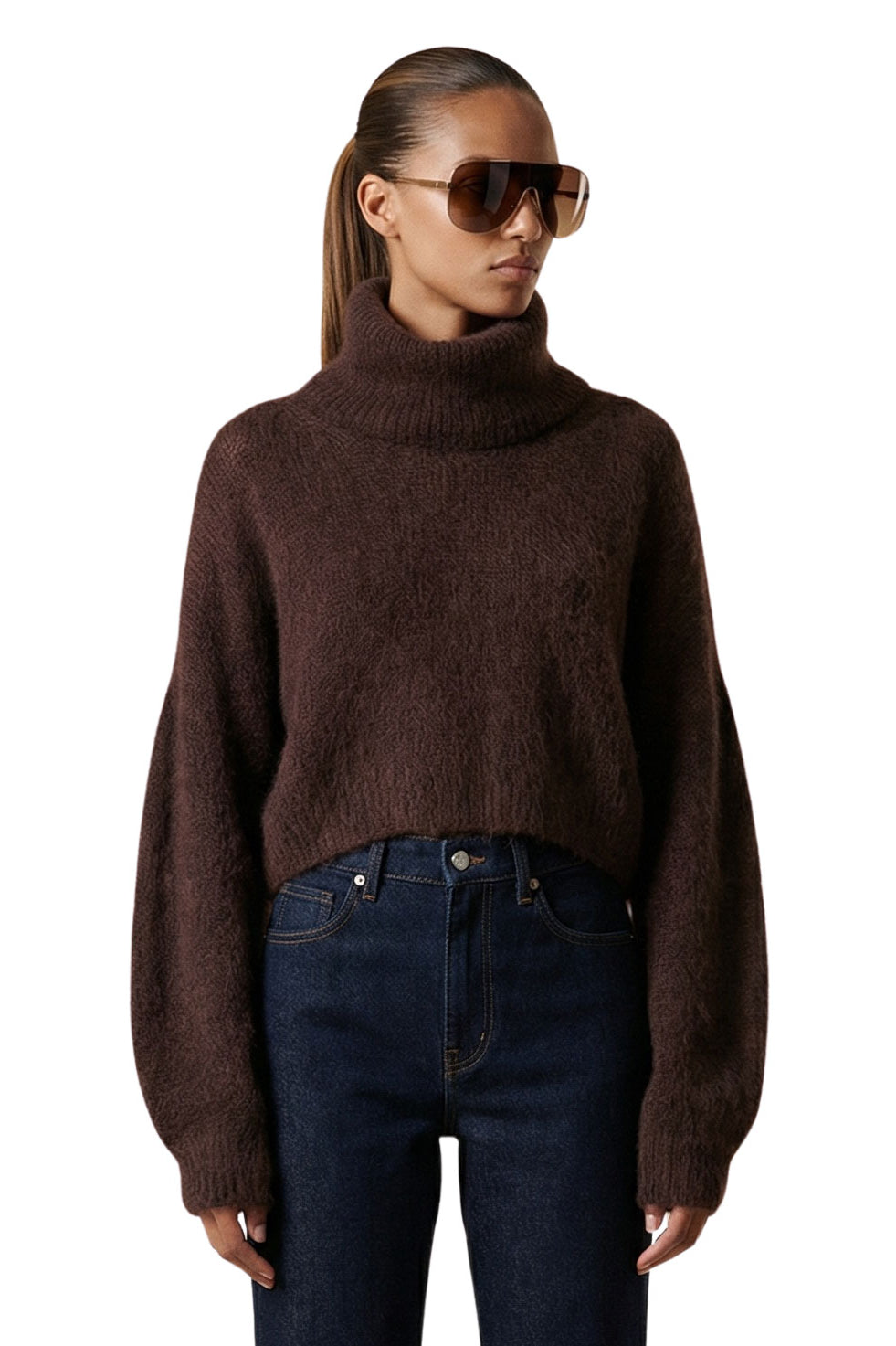 American Dreams Andrea Rollneck Cropped Alpaca Pullover - Cocoa
