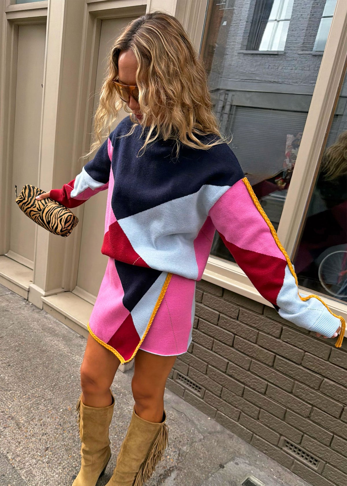Never Fully Dressed Never Fully Dressed argyle knit jumper, bold colour block diamonds with braided gold trim