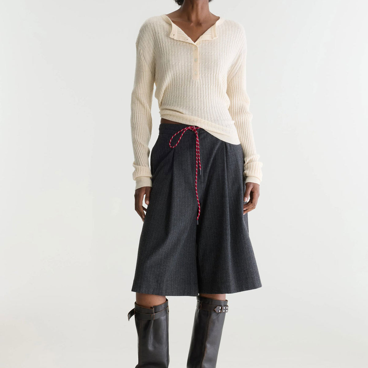 Bellerose Samy wide shorts in charcoal pinstripe, pleated front with a red drawstring