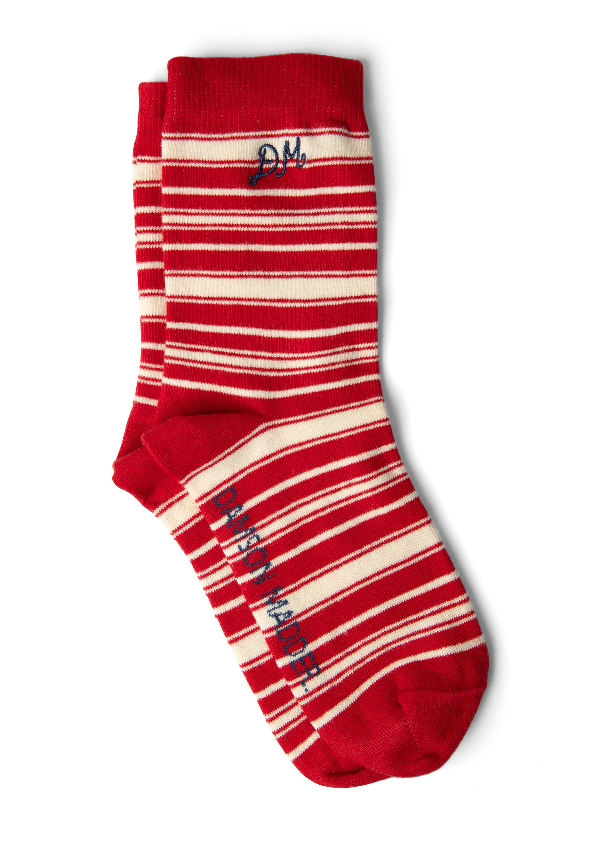 Damson Madder Calf Length Socks - Cream & Red Stripe