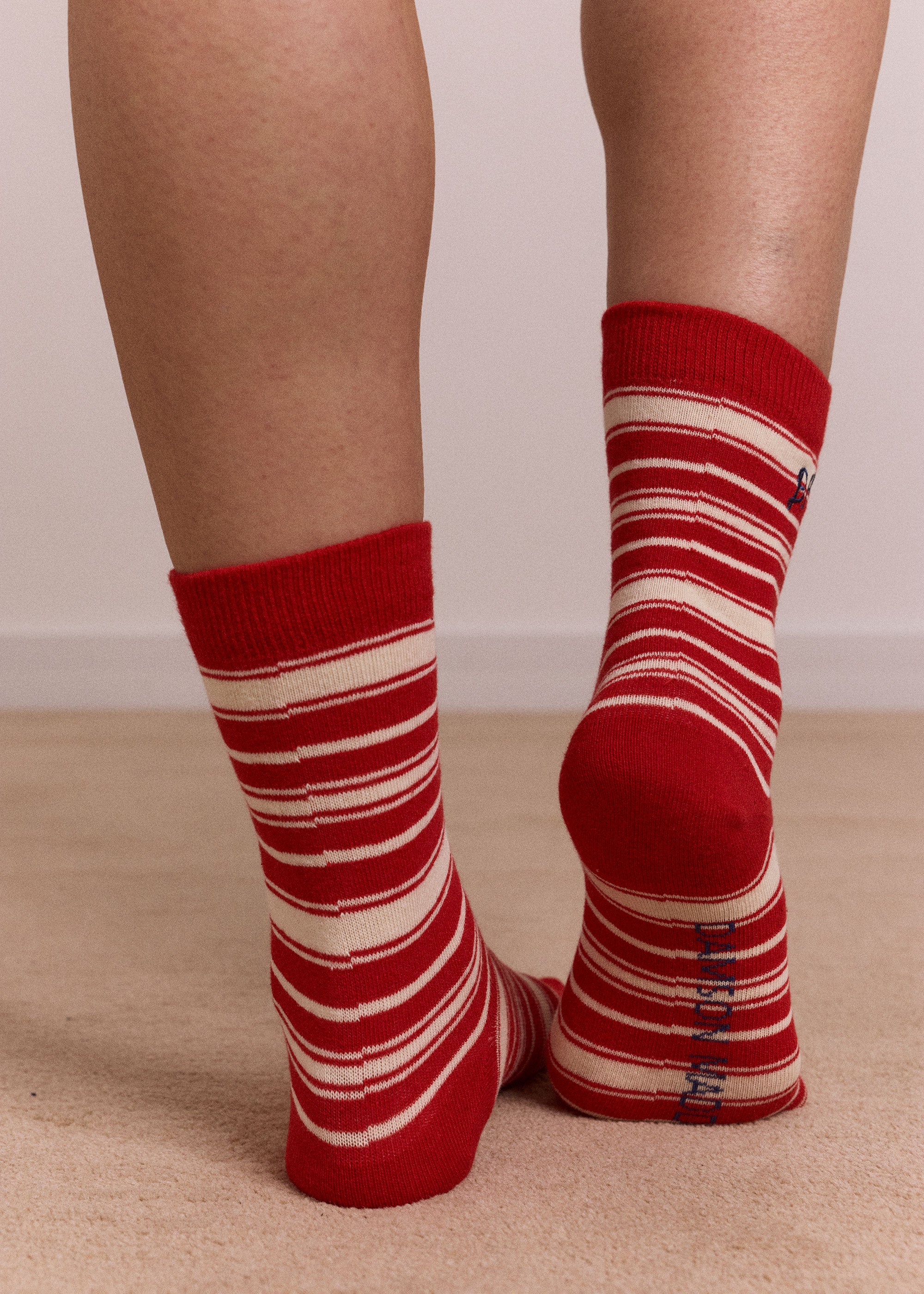 Damson Madder Calf Length Socks - Cream & Red Stripe