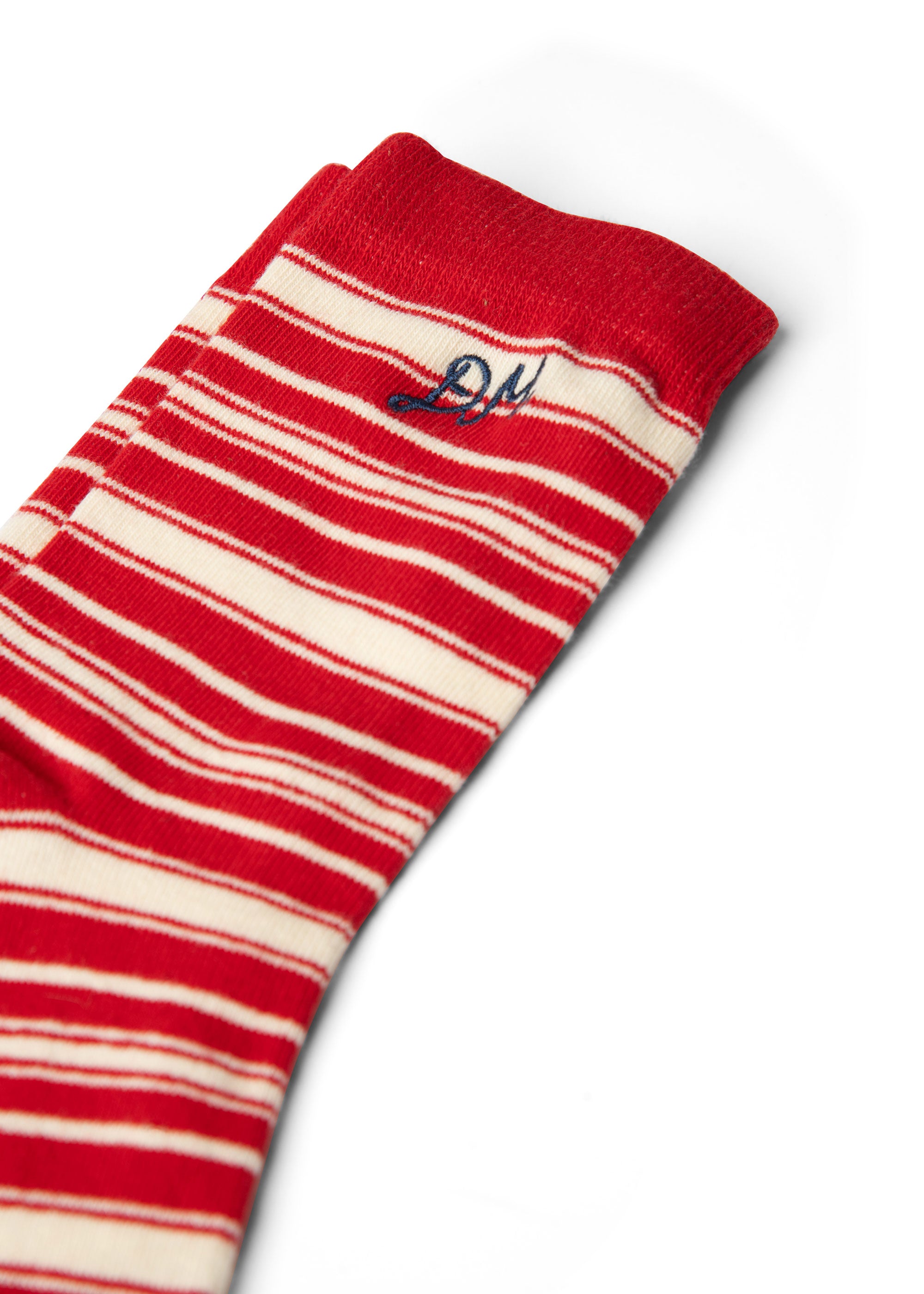 Damson Madder Calf Length Socks - Cream & Red Stripe