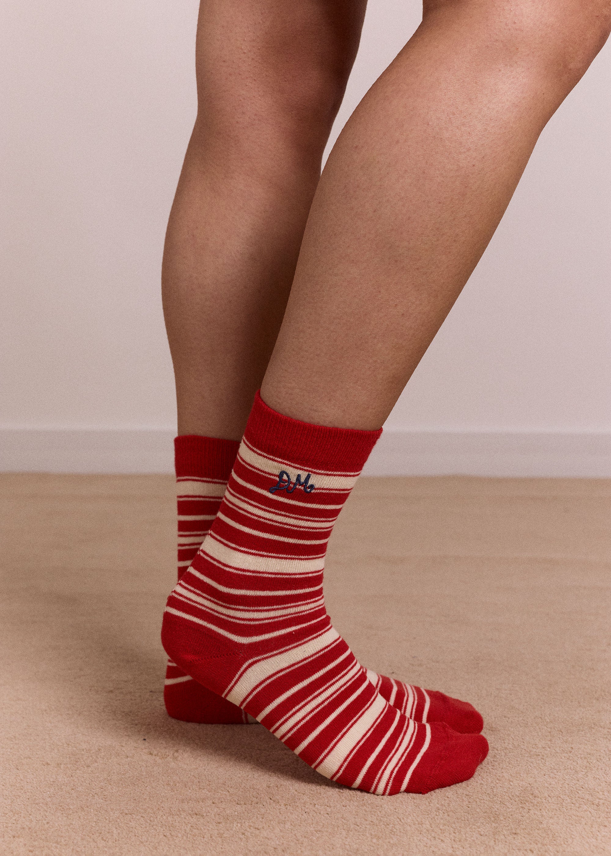 Damson Madder Calf Length Socks - Cream & Red Stripe