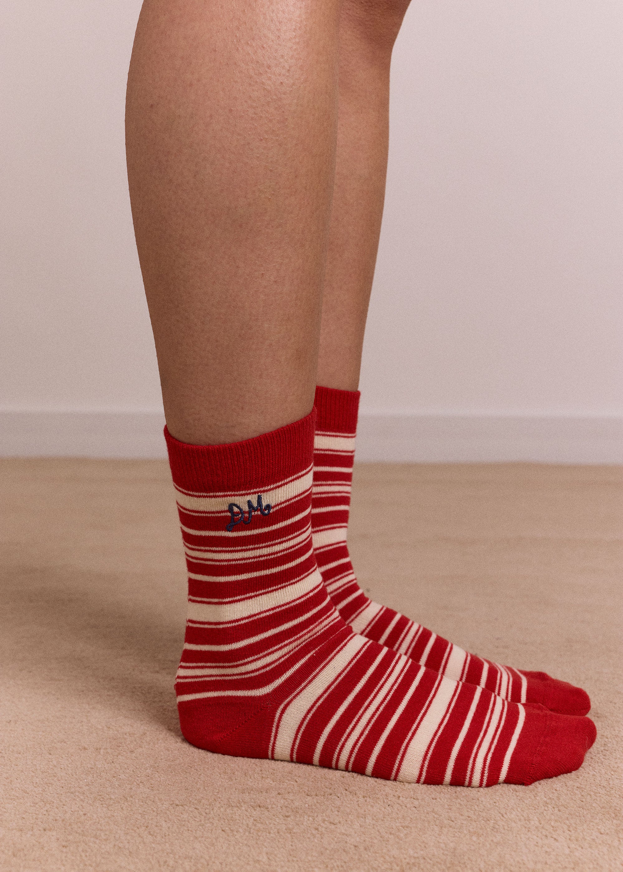 Damson Madder Calf Length Socks - Cream & Red Stripe