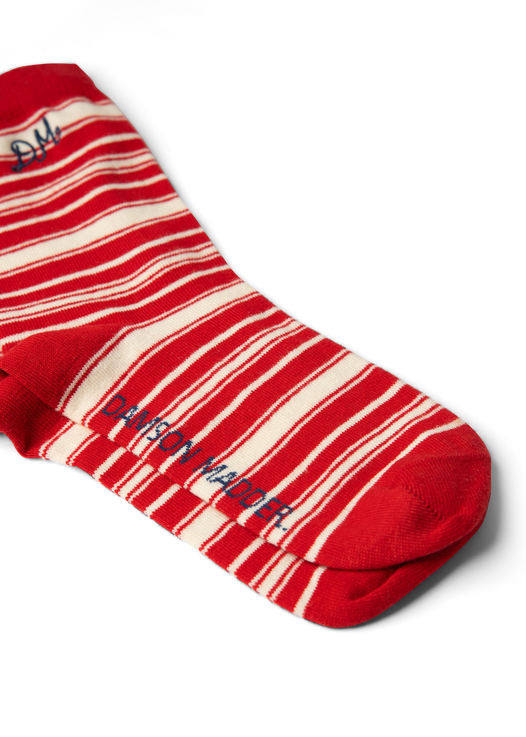 Damson Madder Calf Length Socks - Cream & Red Stripe