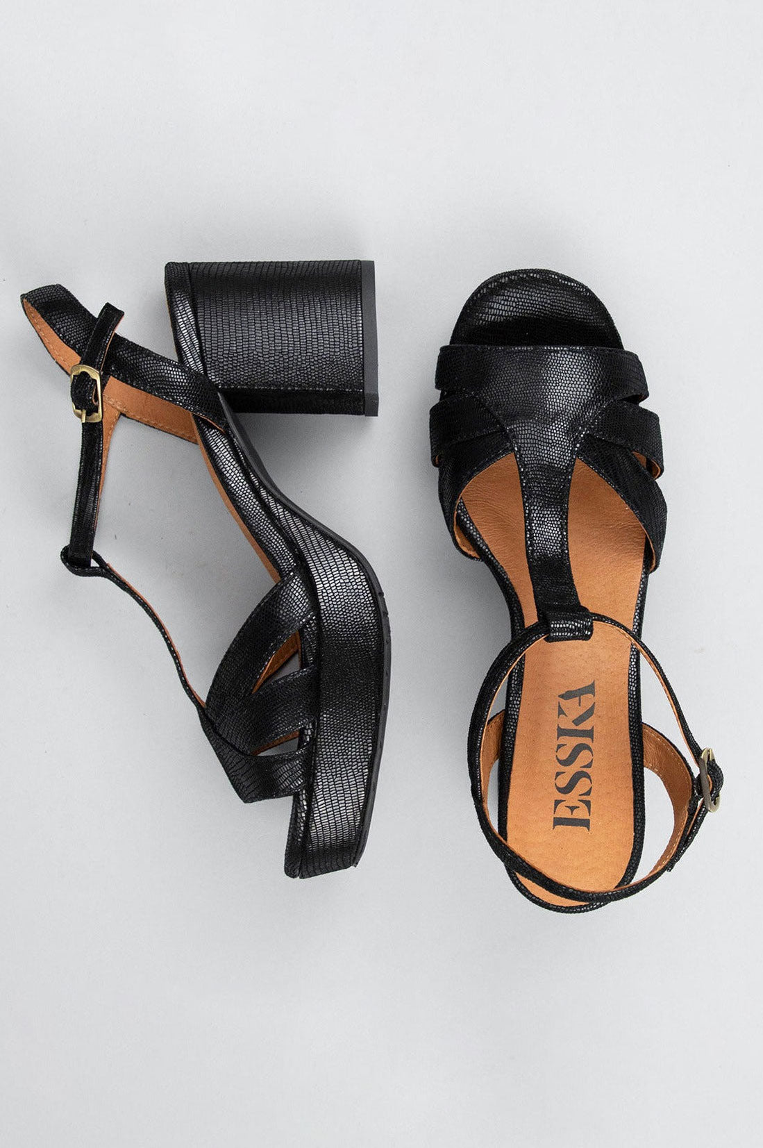 Esska Charlie Mid Heel T-Bar Sandal - Metallic Black