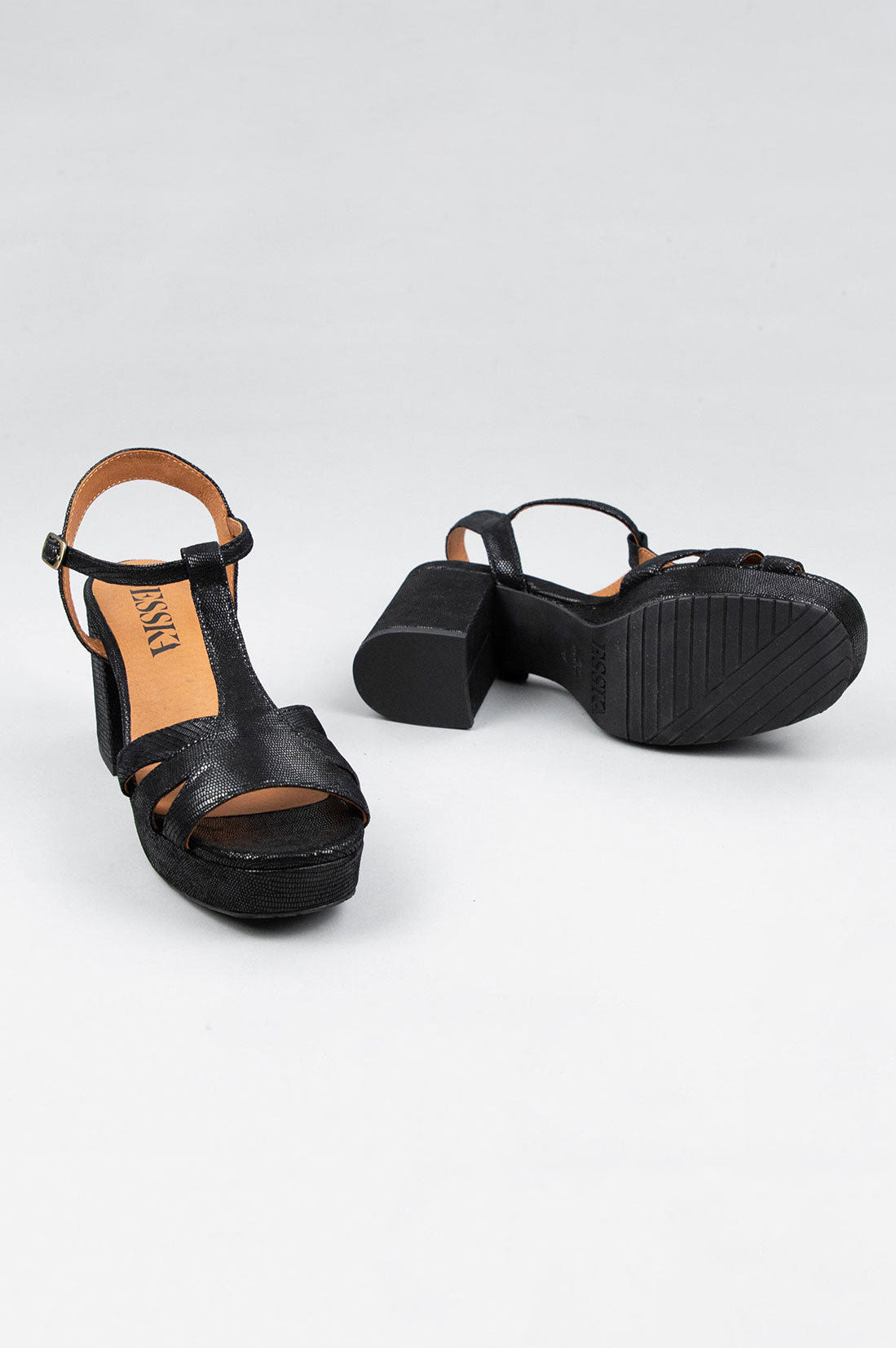 Esska Charlie Mid Heel T-Bar Sandal - Metallic Black