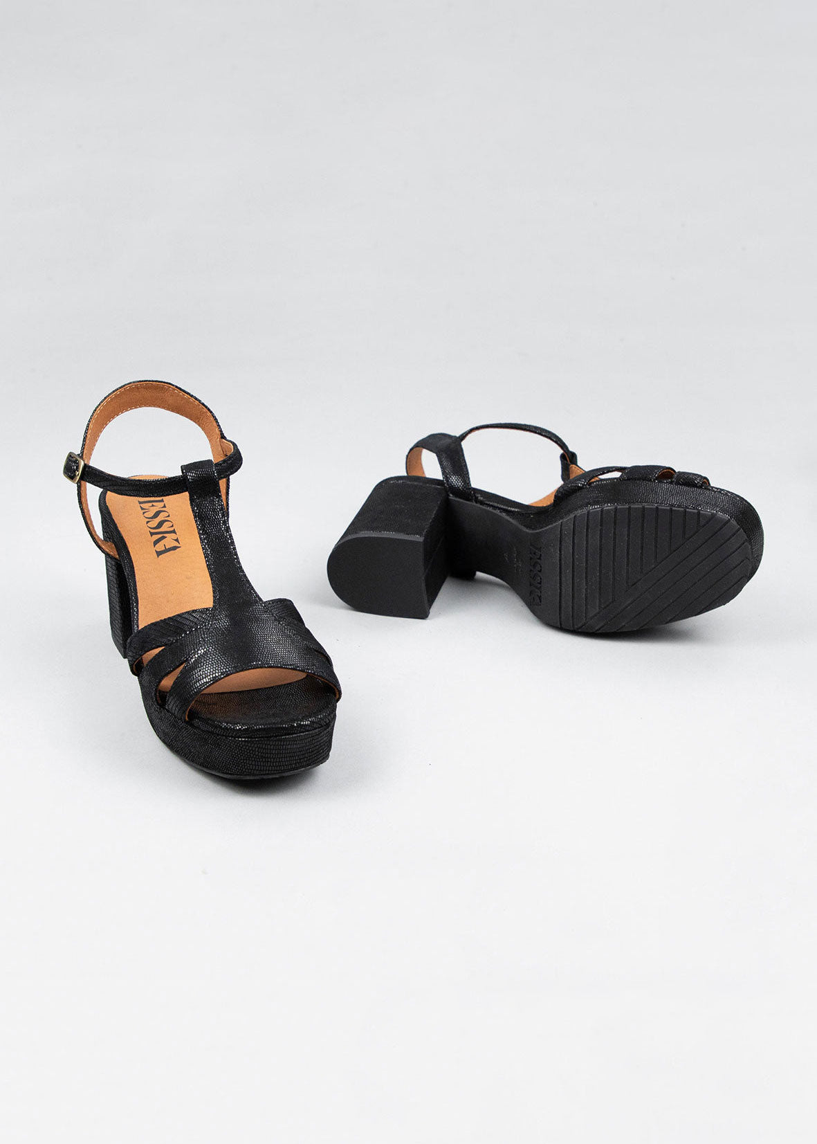 Esska Charlie Mid Heel T-Bar Sandal - Metallic Black