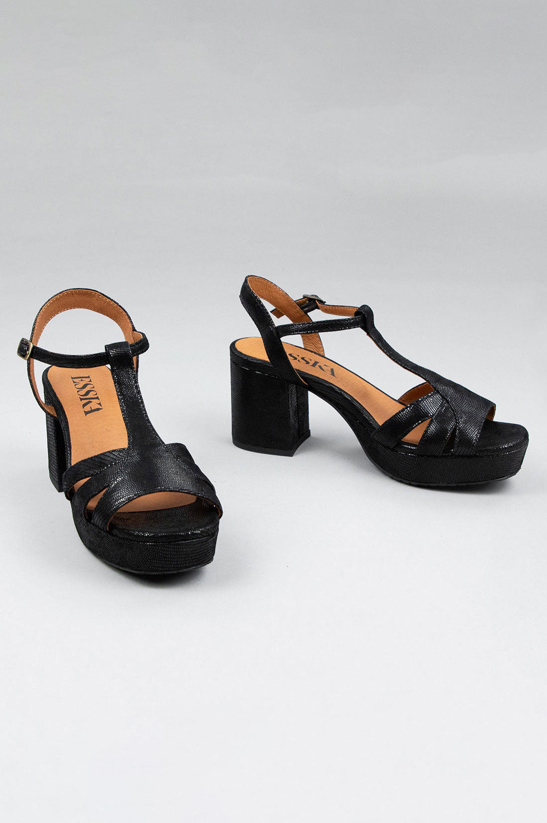 Esska Charlie Mid Heel T-Bar Sandal - Metallic Black