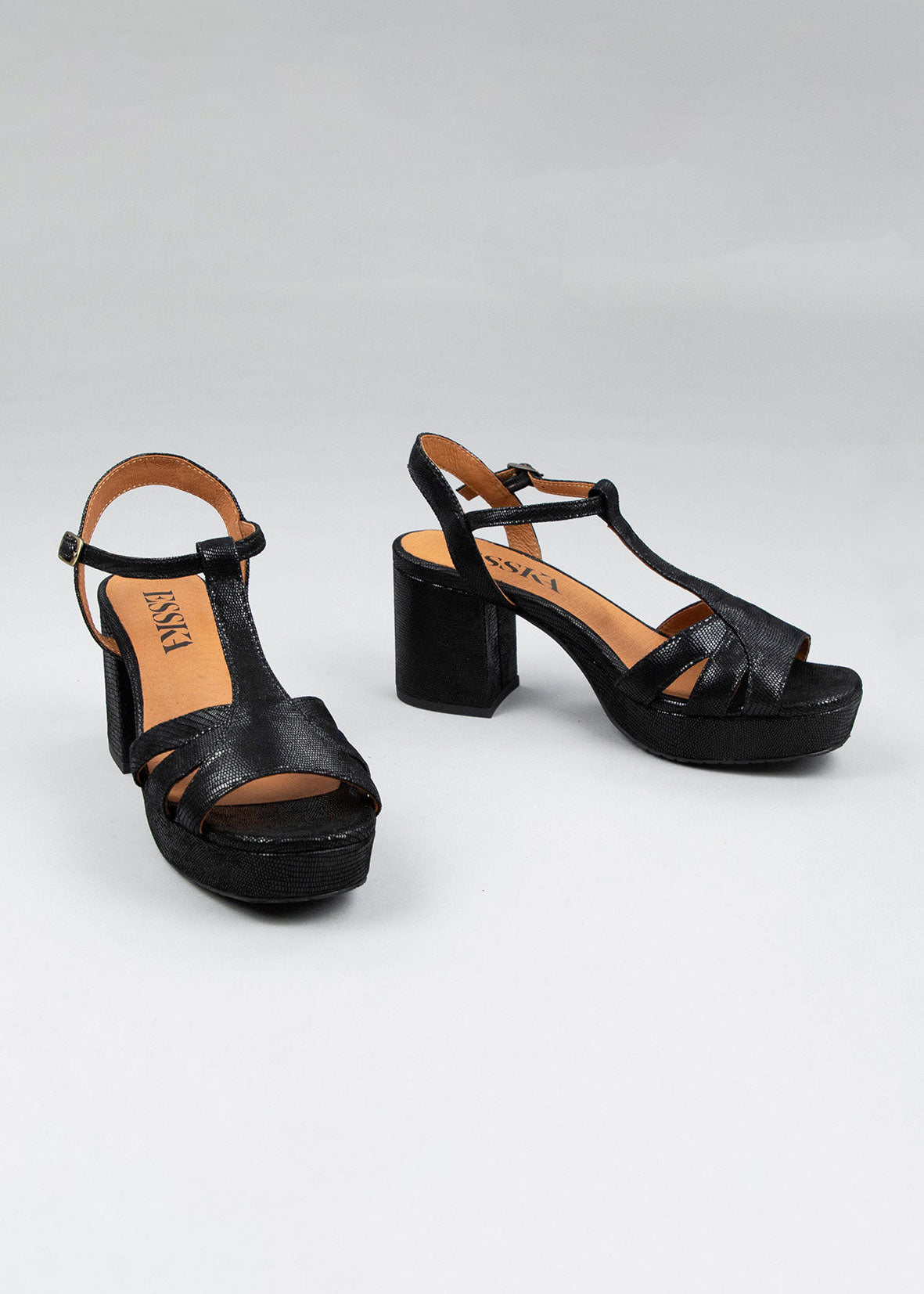 Esska Charlie Mid Heel T-Bar Sandal - Metallic Black