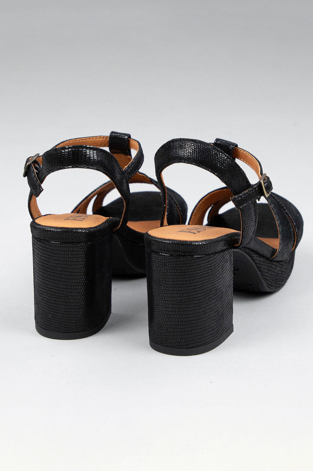 Esska Charlie Mid Heel T-Bar Sandal - Metallic Black