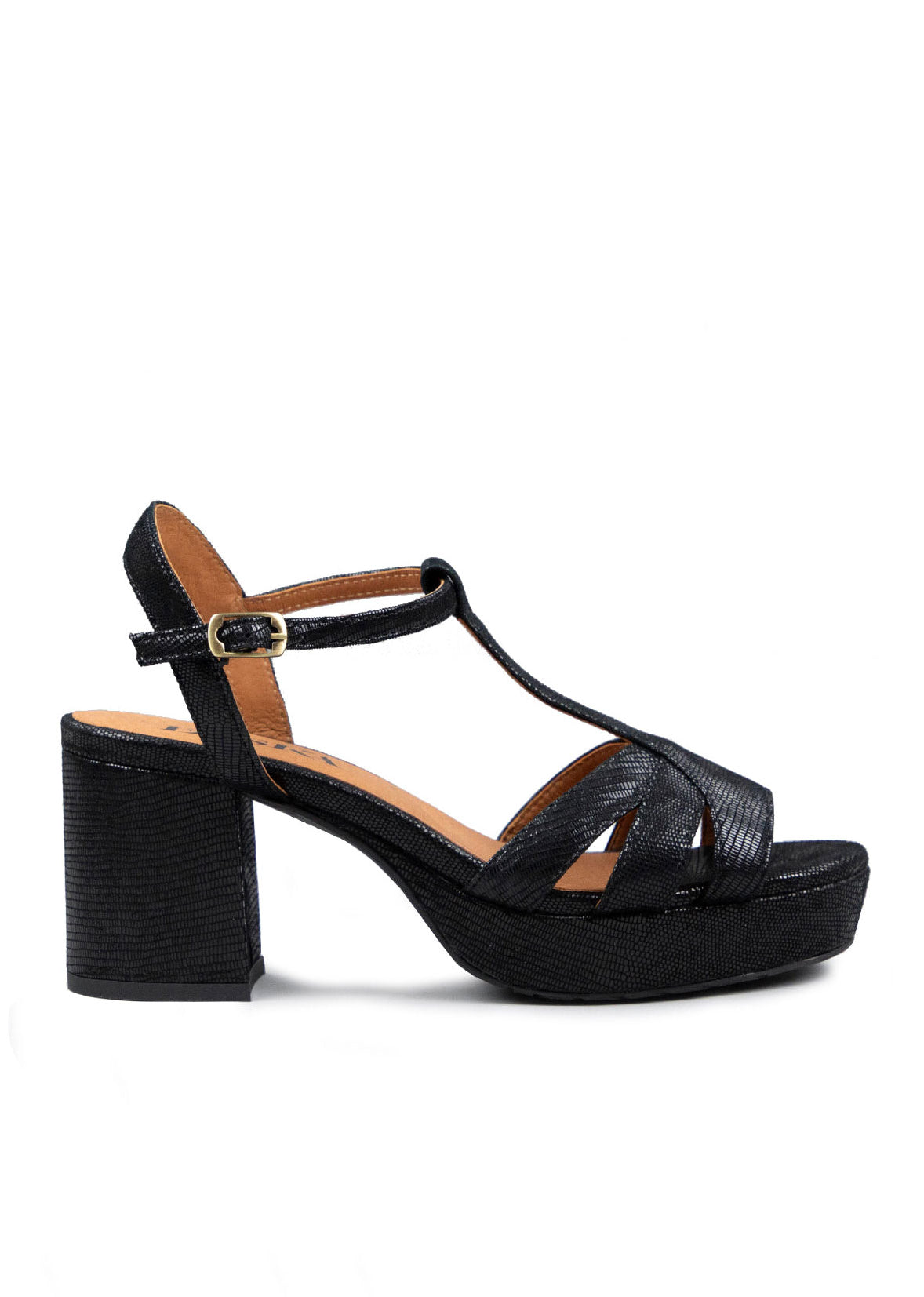 Esska Charlie Mid Heel T-Bar Sandal - Metallic Black