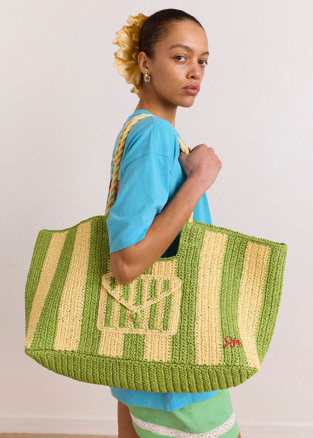 Damson Madder Damson Madder Orla oversized raffia beach tote in apple stripe, plaited rope handles