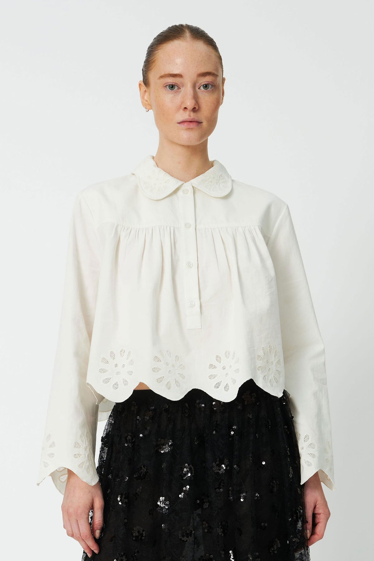 Stella Nova Cropped Blouse with Embroidery Anglaise - White