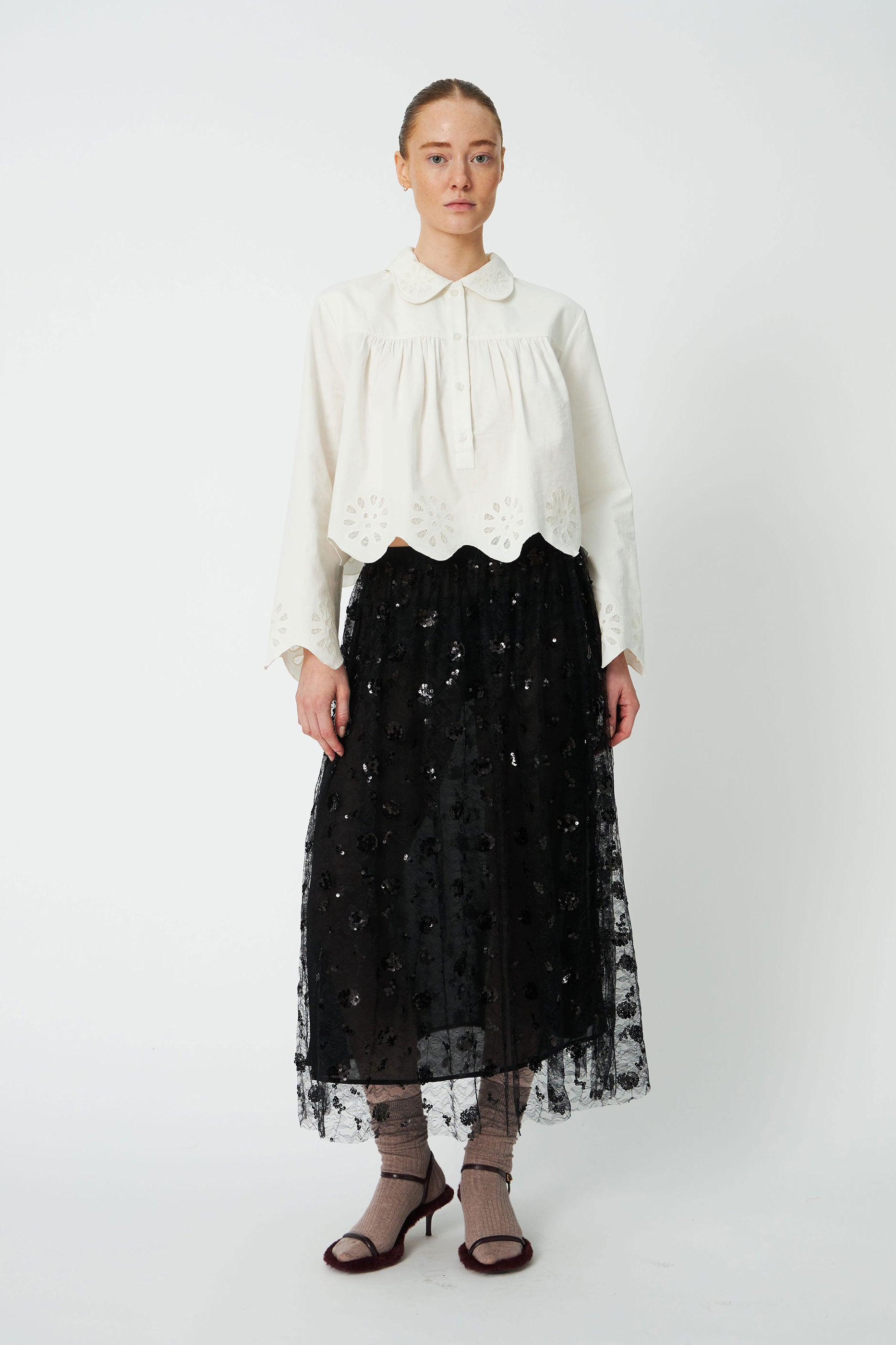 Stella Nova Cropped Blouse with Embroidery Anglaise - White