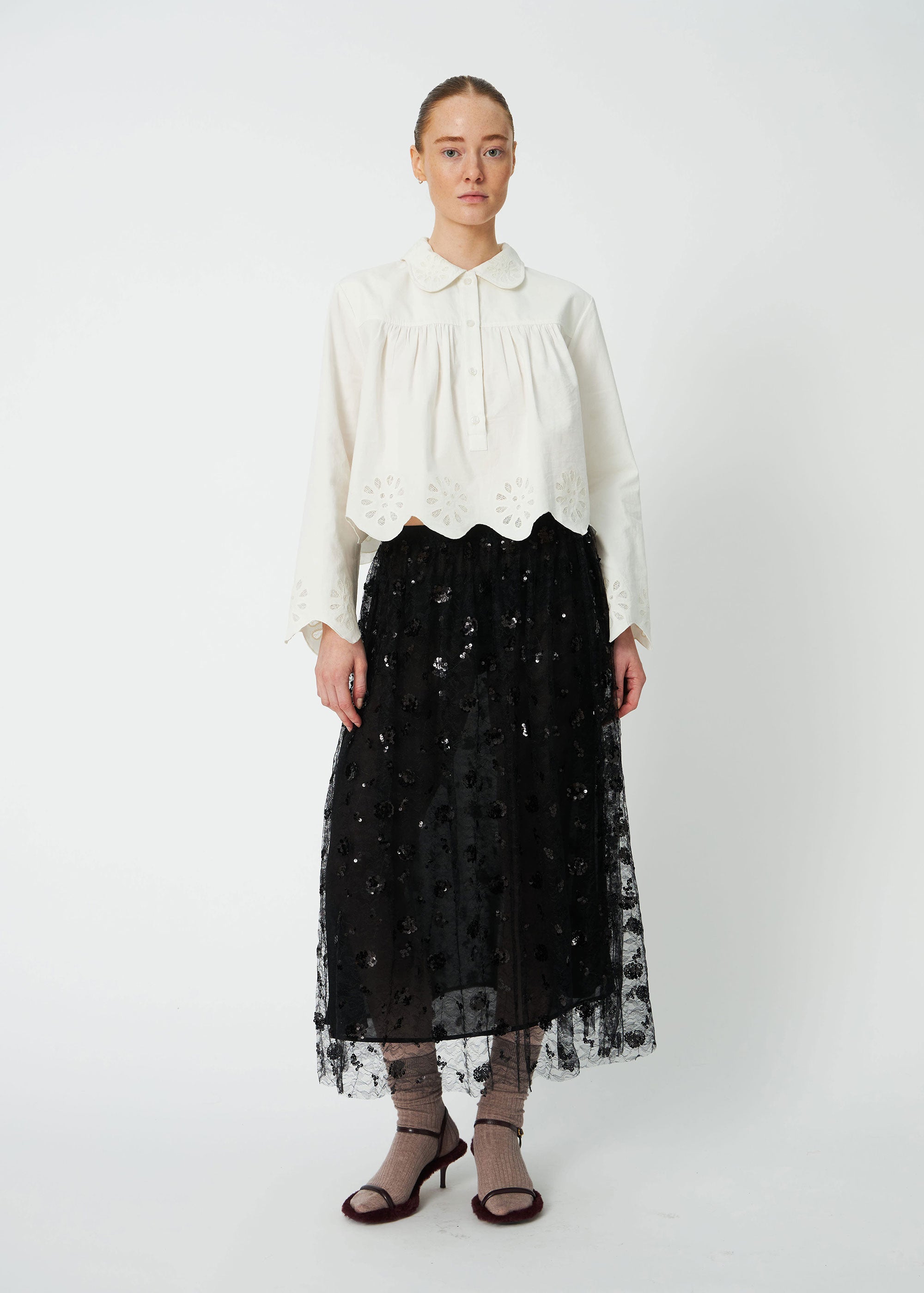 Stella Nova Cropped Blouse with Embroidery Anglaise - White