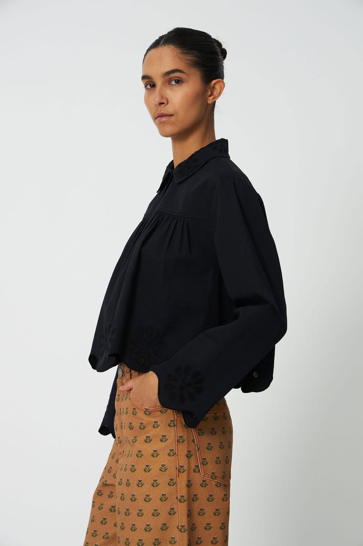 Stella Nova Cropped Blouse with Embroidery Anglaise - Black