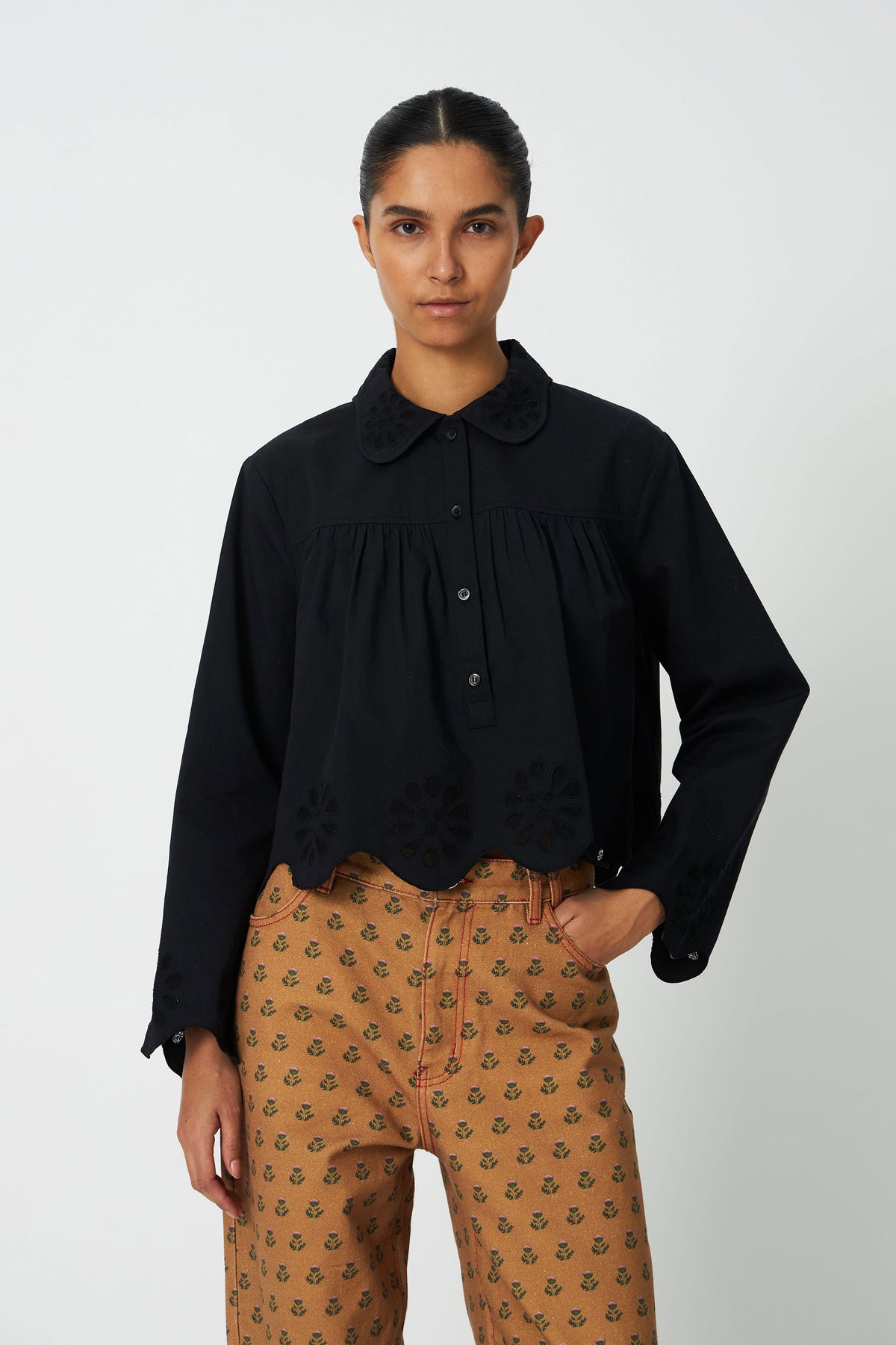 Stella Nova Cropped Blouse with Embroidery Anglaise - Black