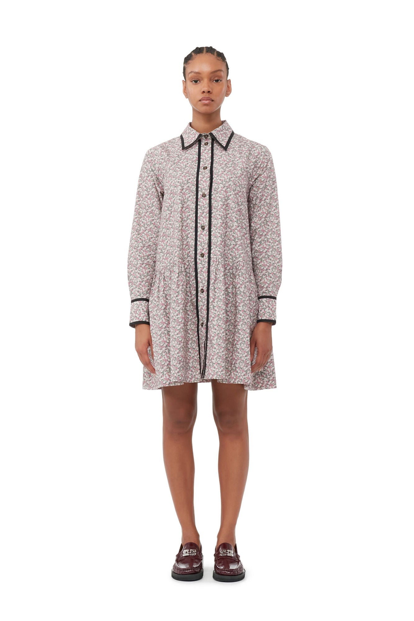 GANNI - Printed Cotton Mini Shirt Dress Forest Grey