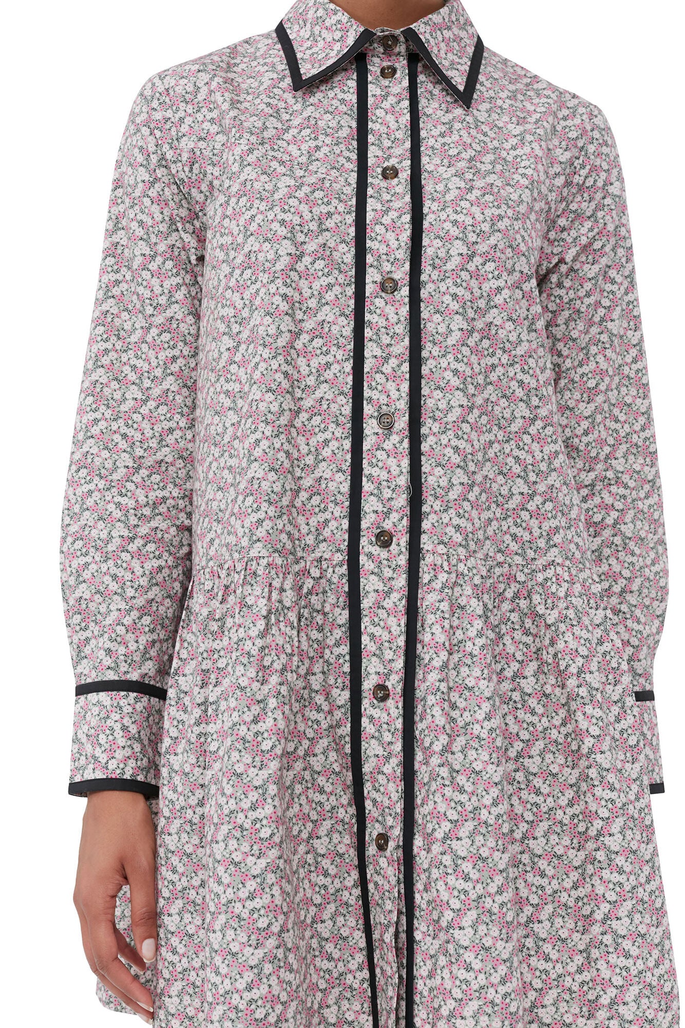 GANNI - Printed Cotton Mini Shirt Dress Forest Grey
