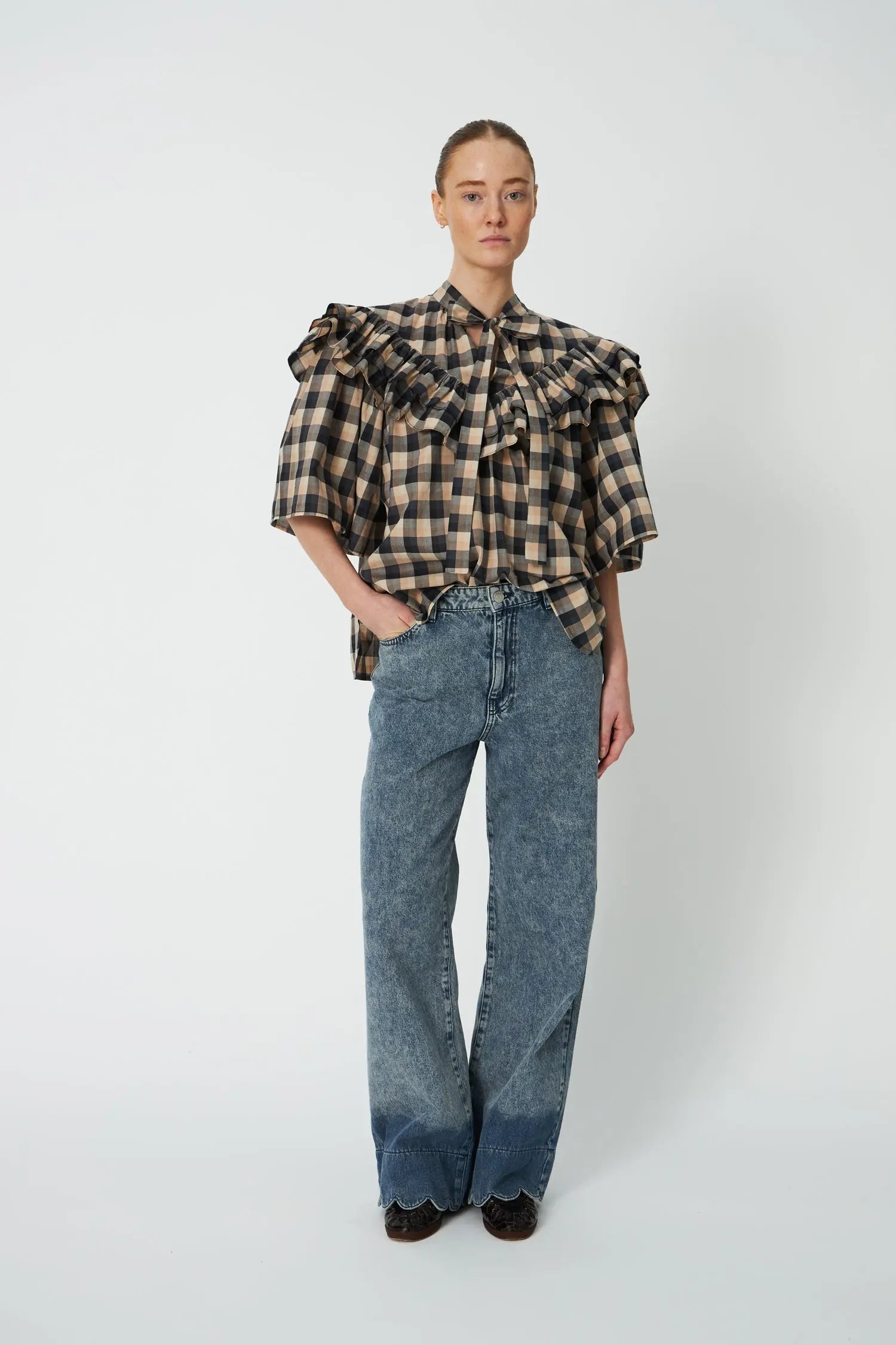 Stella Nova Frill Checked Blouse - Beige/Black Checks