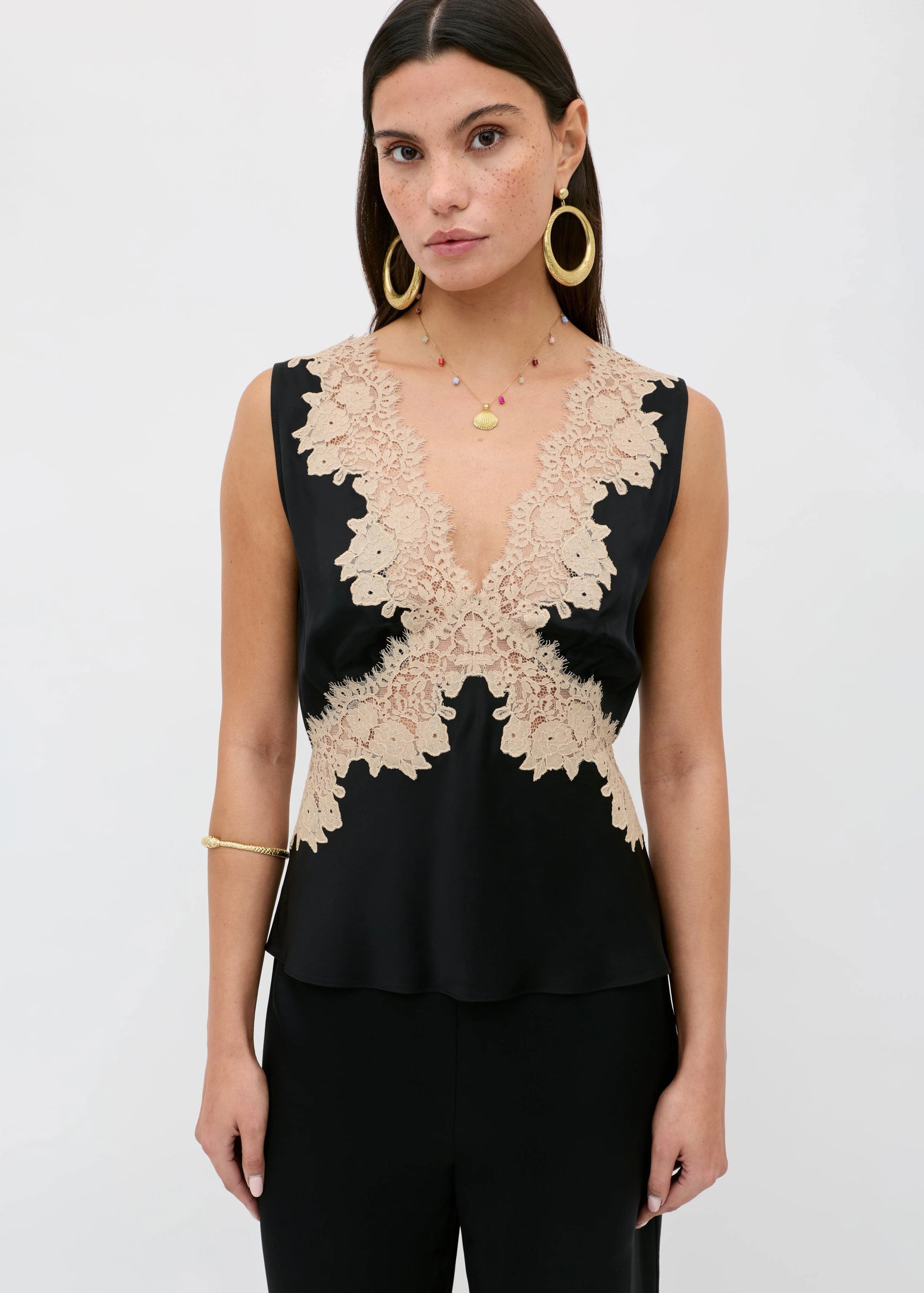 Rixo Rixo Emmie satin top in black with contrast cream lace at the V-neck and waist
