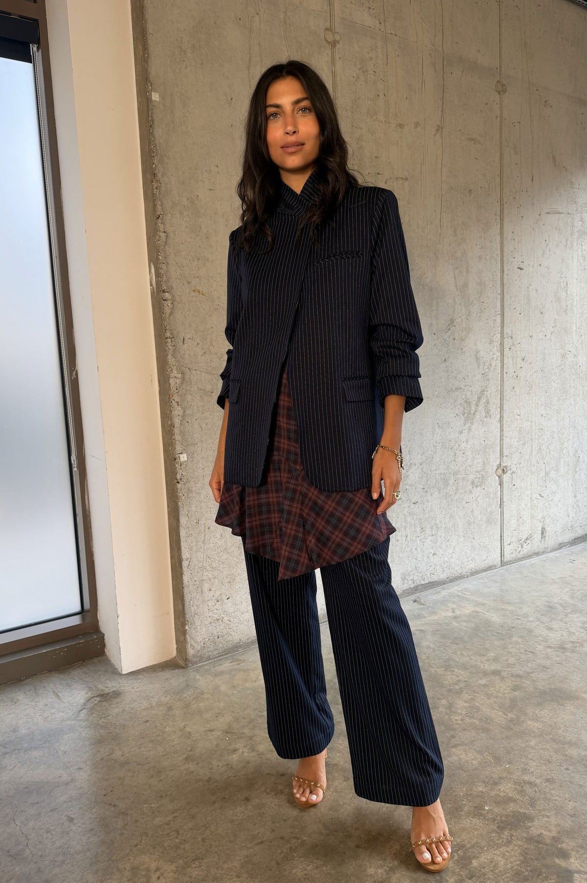 Never Fully Dressed Pinstripe Fold Over Blazer