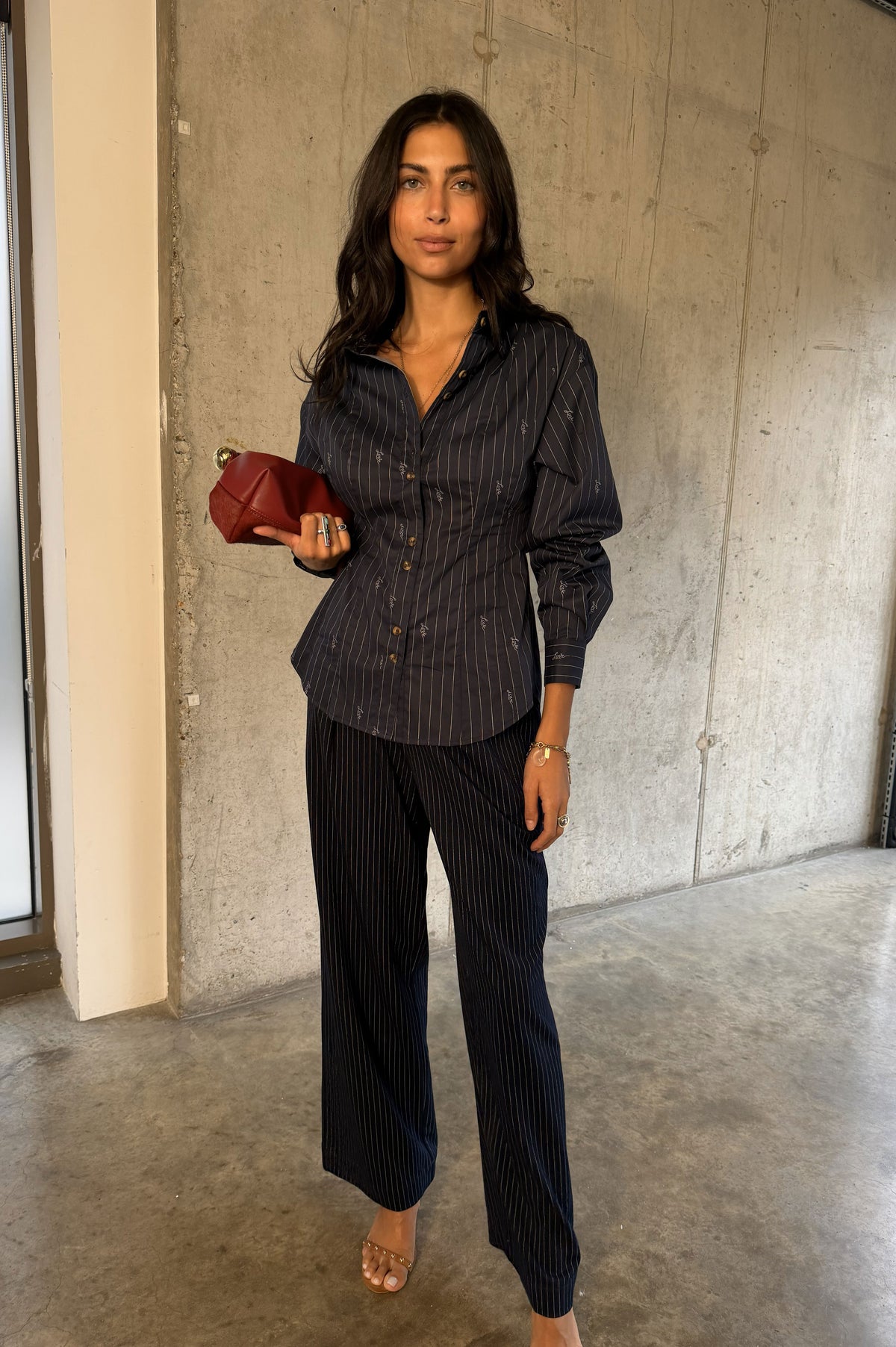 Never Fully Dressed Navy Pinstripe Arden Trousers