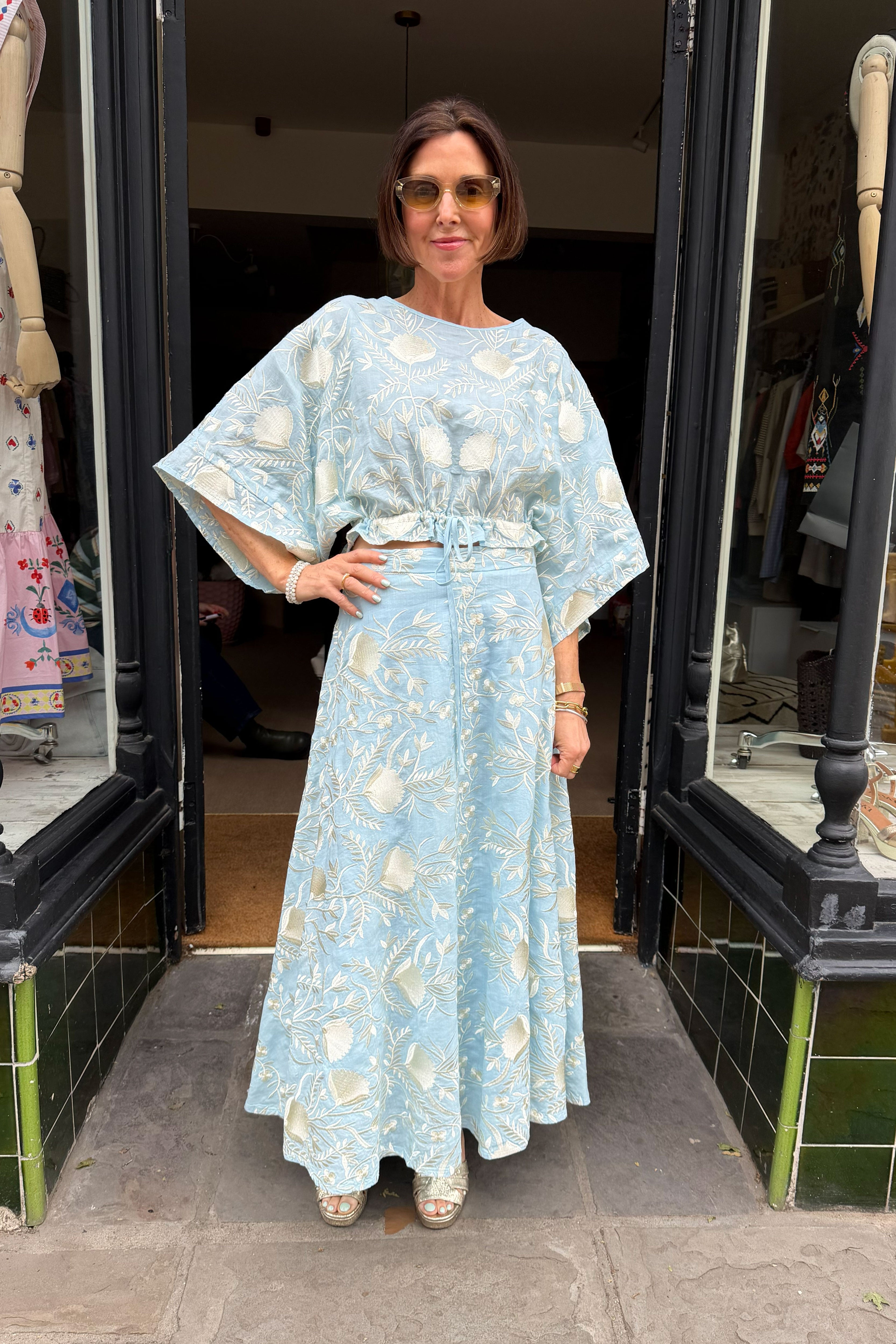 Greek Archaic Kori Blossom Drawstring Blouse - Ciel/ Champagne
