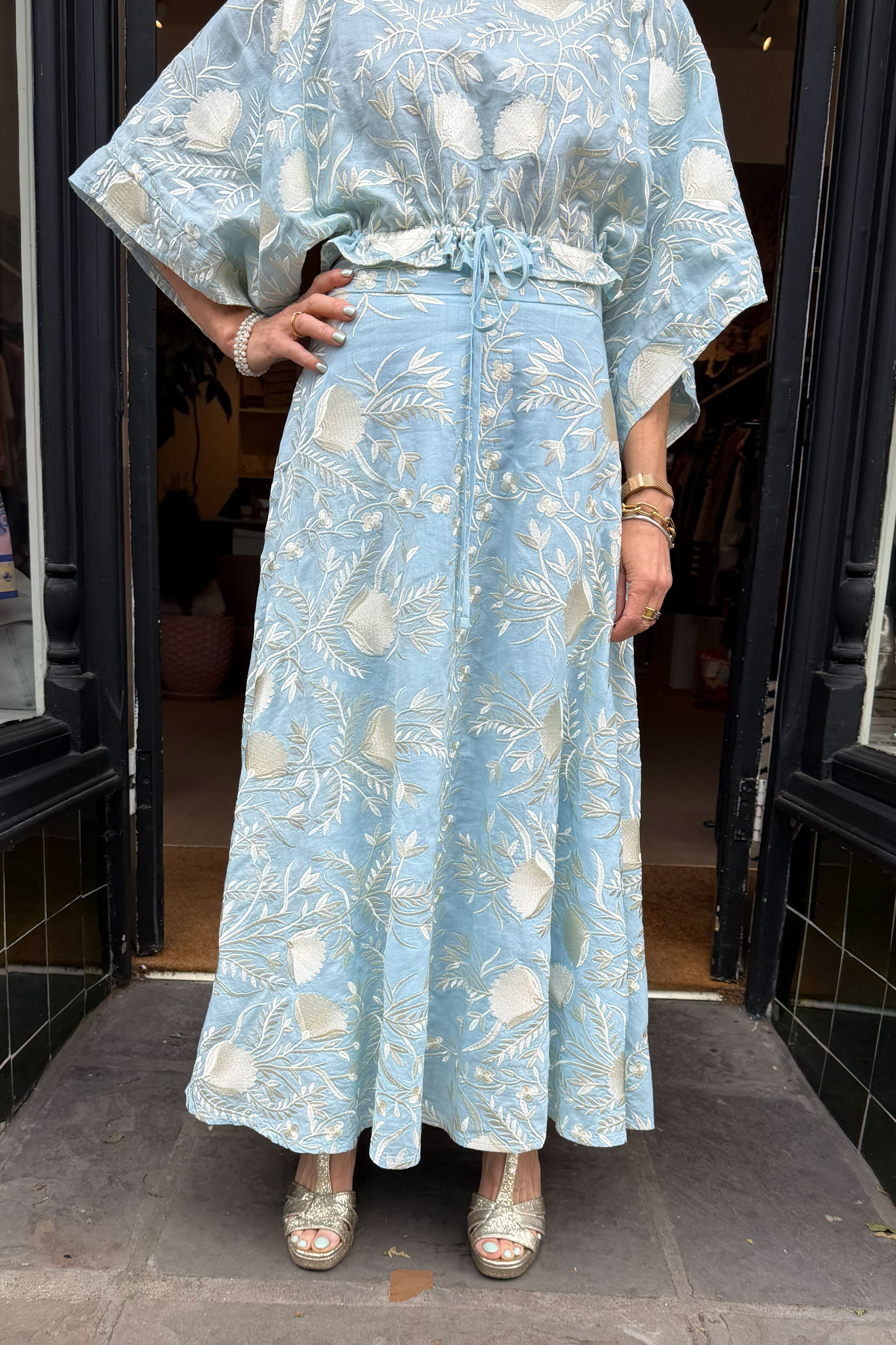 Greek Archaic Kori Blossom Long Skirt - Ciel/ Champagne