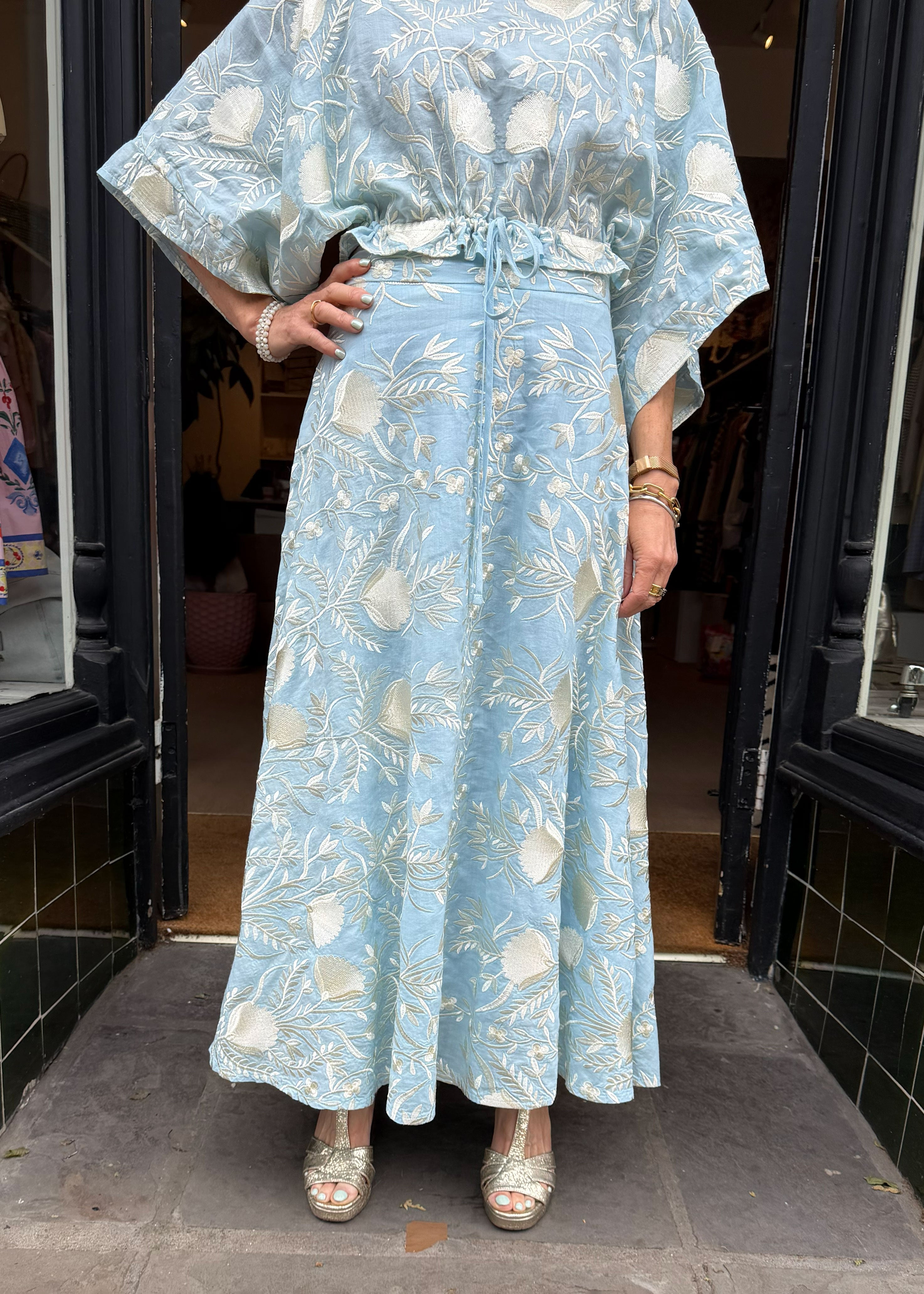 Greek Archaic Kori Blossom Long Skirt - Ciel/ Champagne