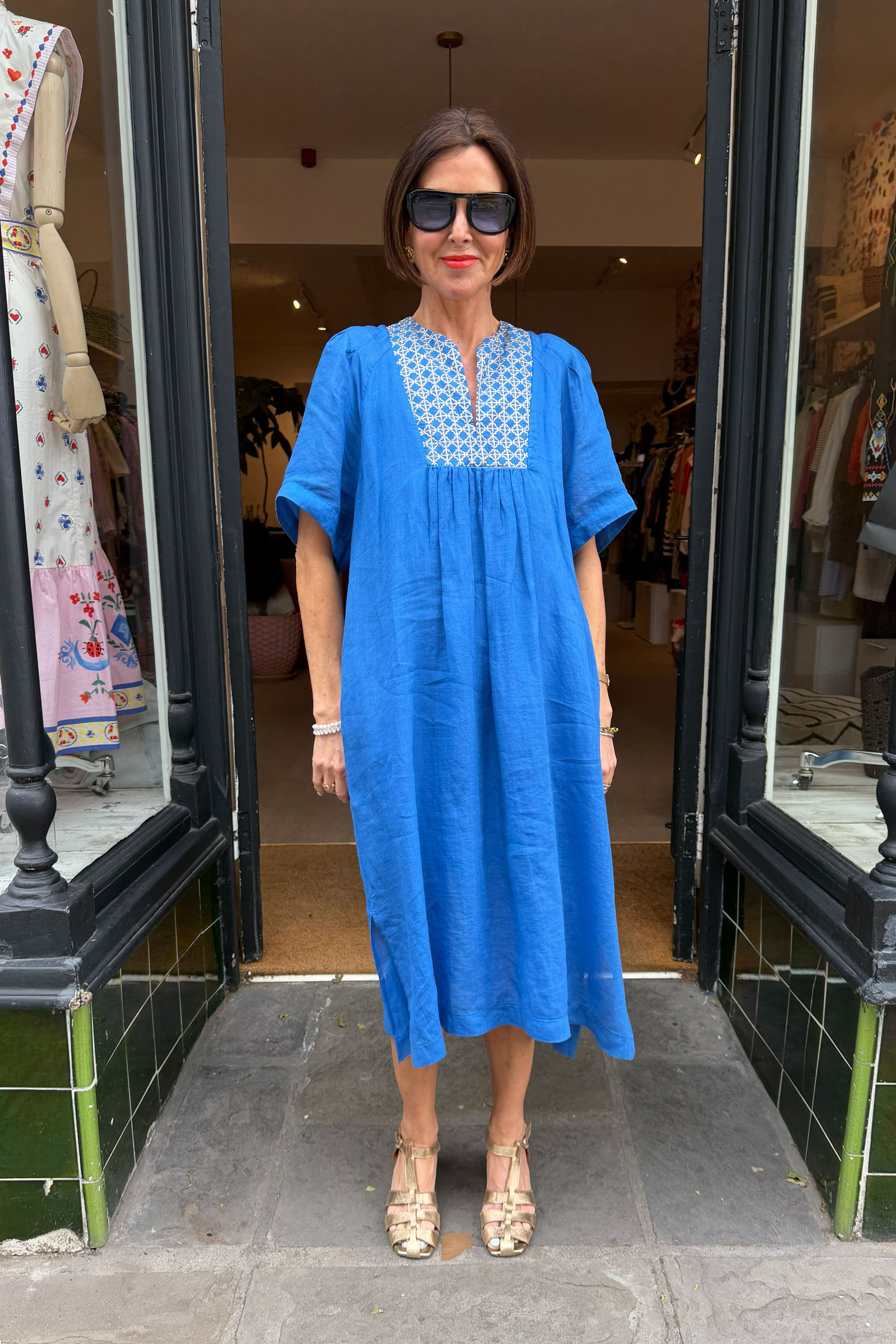 Greek Archaic Kori Cross Long Dress - Blue Raf/ Gold