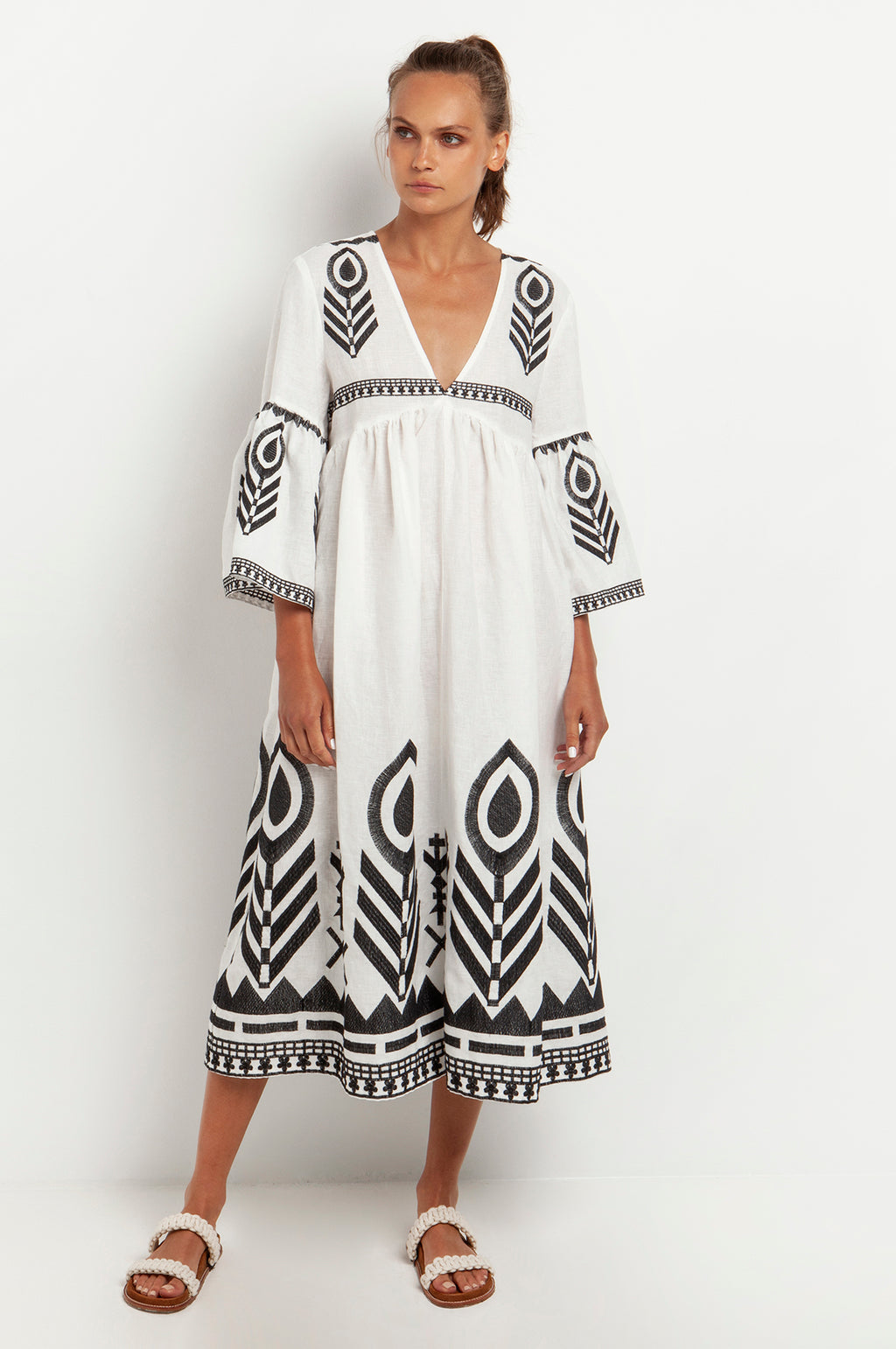 Kori - Long Feather Bell Sleeve Dress - Natural/Black