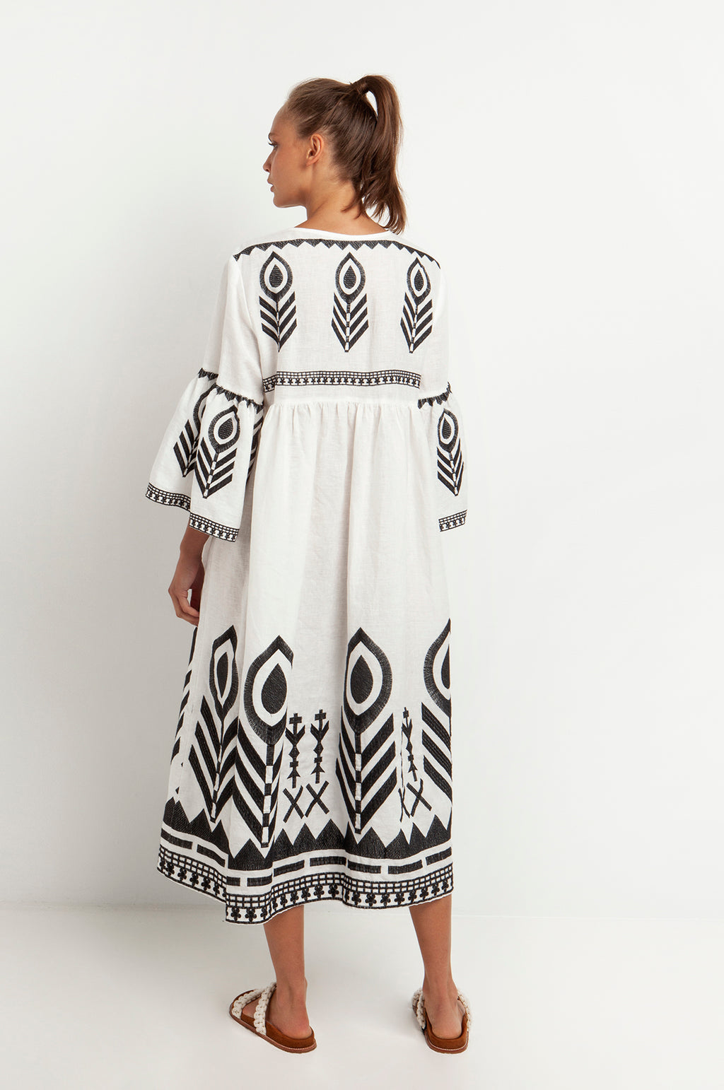 Kori - Long Feather Bell Sleeve Dress - Natural/Black