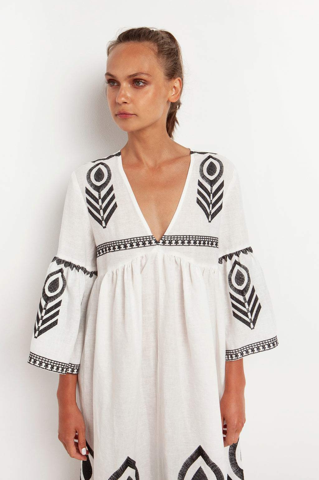 Kori - Long Feather Bell Sleeve Dress - Natural/Black