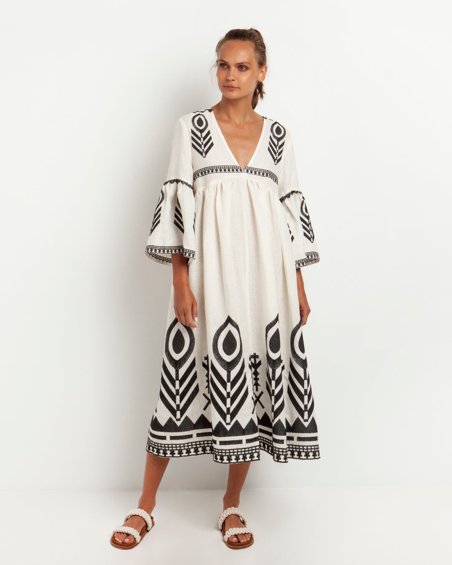 Kori - Long Feather Bell Sleeve Dress - Natural/Black