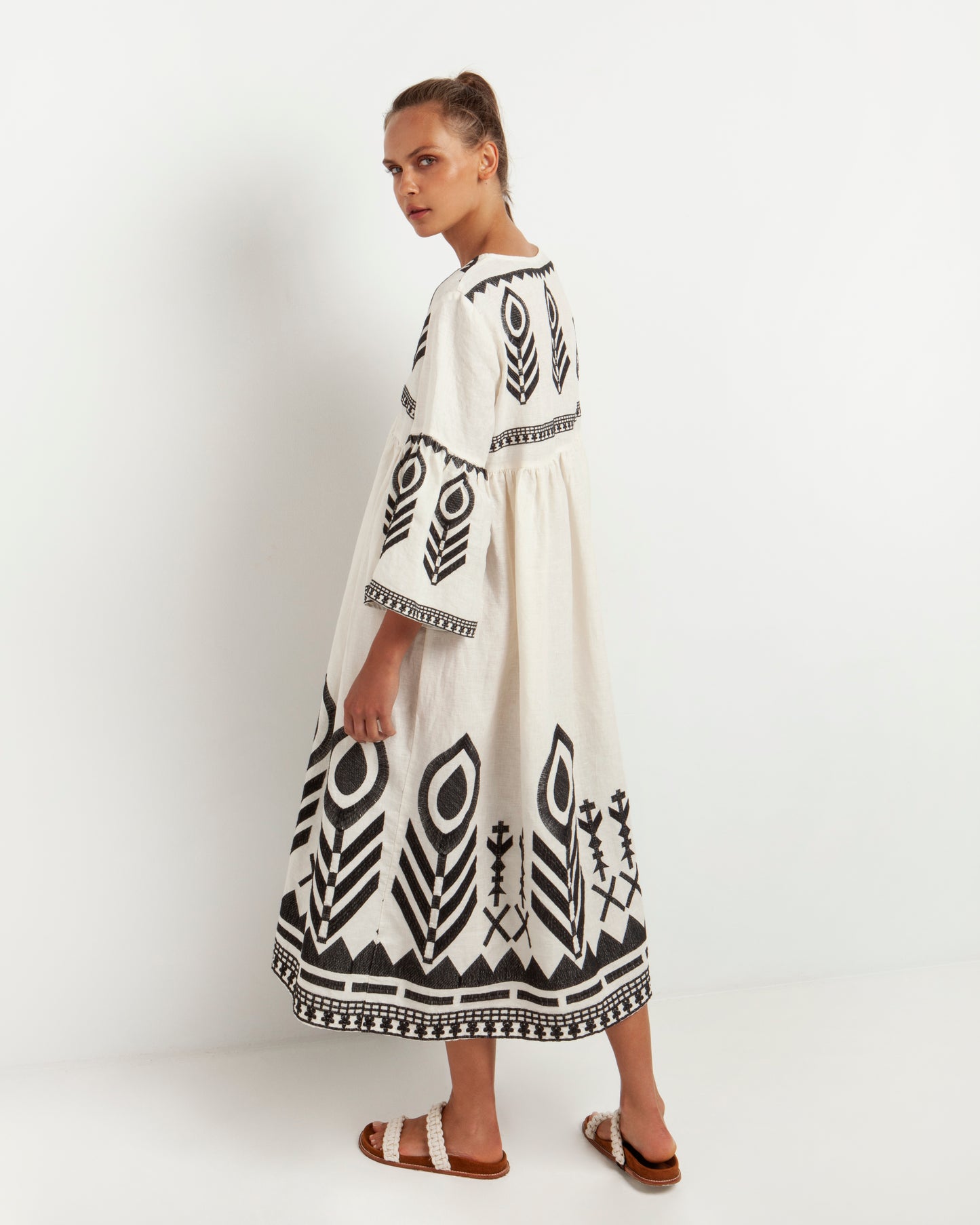 Kori - Long Feather Bell Sleeve Dress - Natural/Black