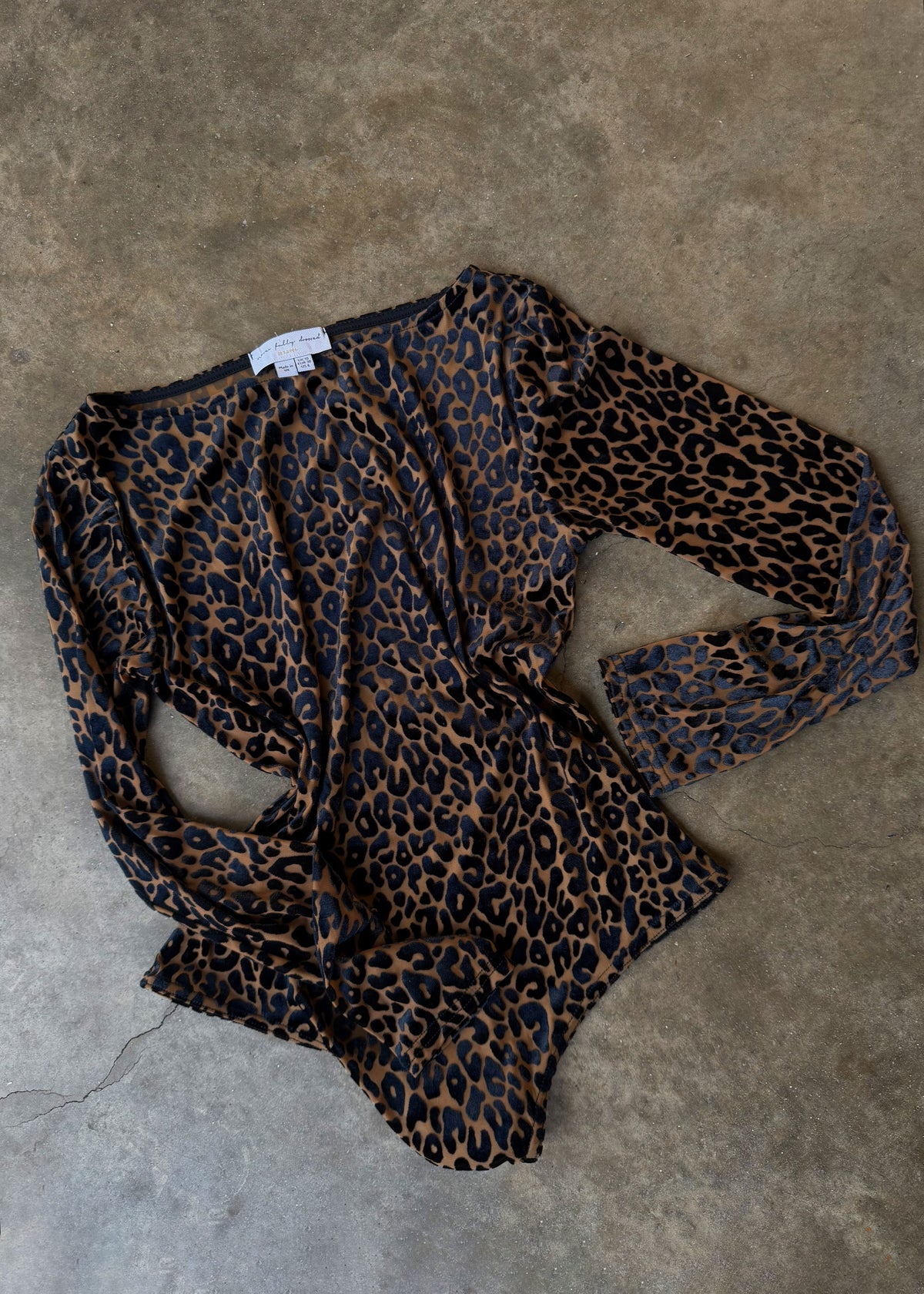 Never Fully Dressed Never Fully Dressed leopard devore bodysuit, brown flocked leopard print mesh with navy spots